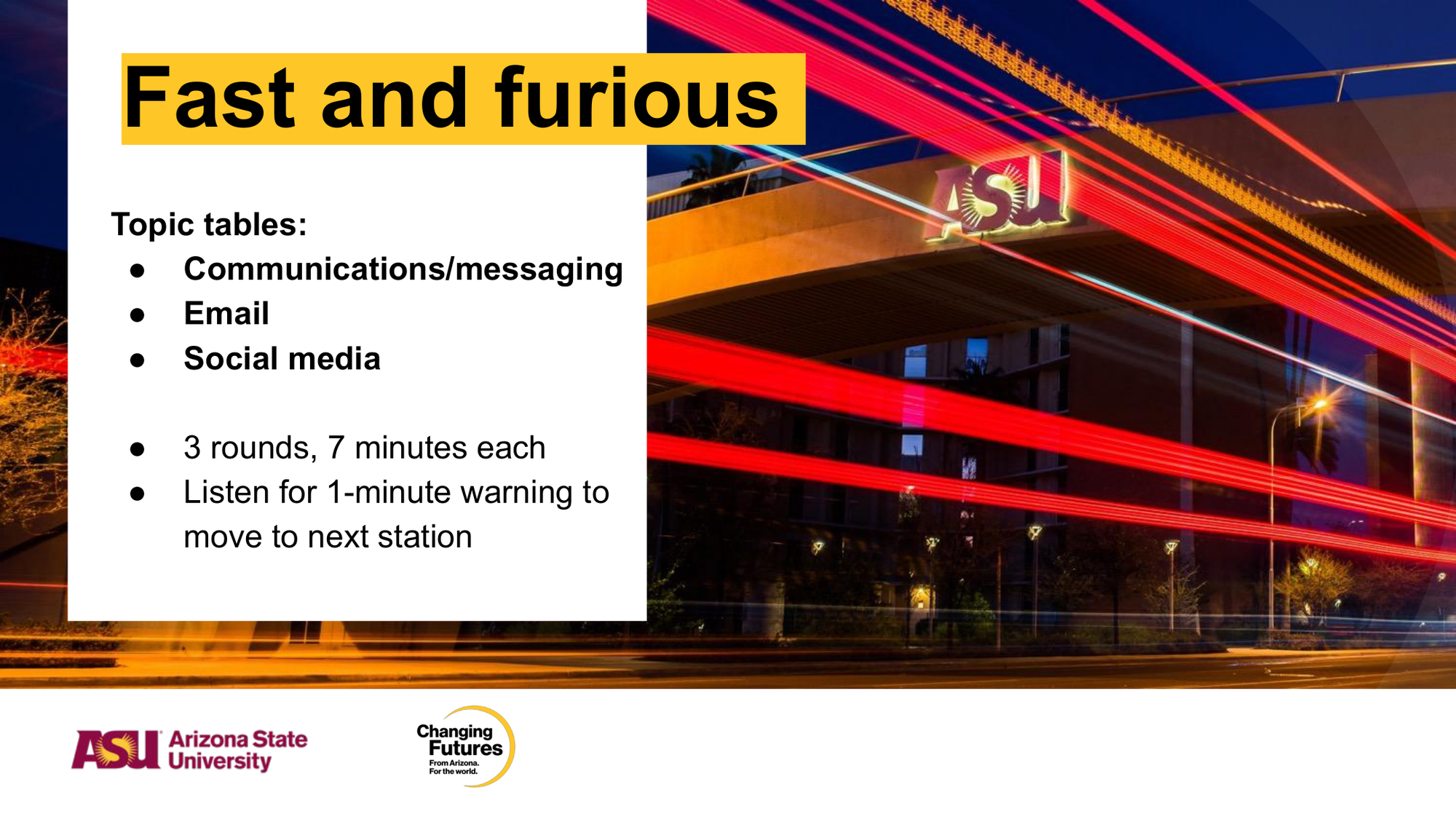 Poster for an event titled "Fast and Furious" hosted by Arizona State University. The poster includes information about the topic tables for communication/messaging, email, and social media, with three rounds of seven minutes each, and a one-minute warning to move to the next station. The background features a nighttime cityscape with streaks of red, yellow, and blue light trails from moving vehicles, and the ASU logo is visible at the bottom.
