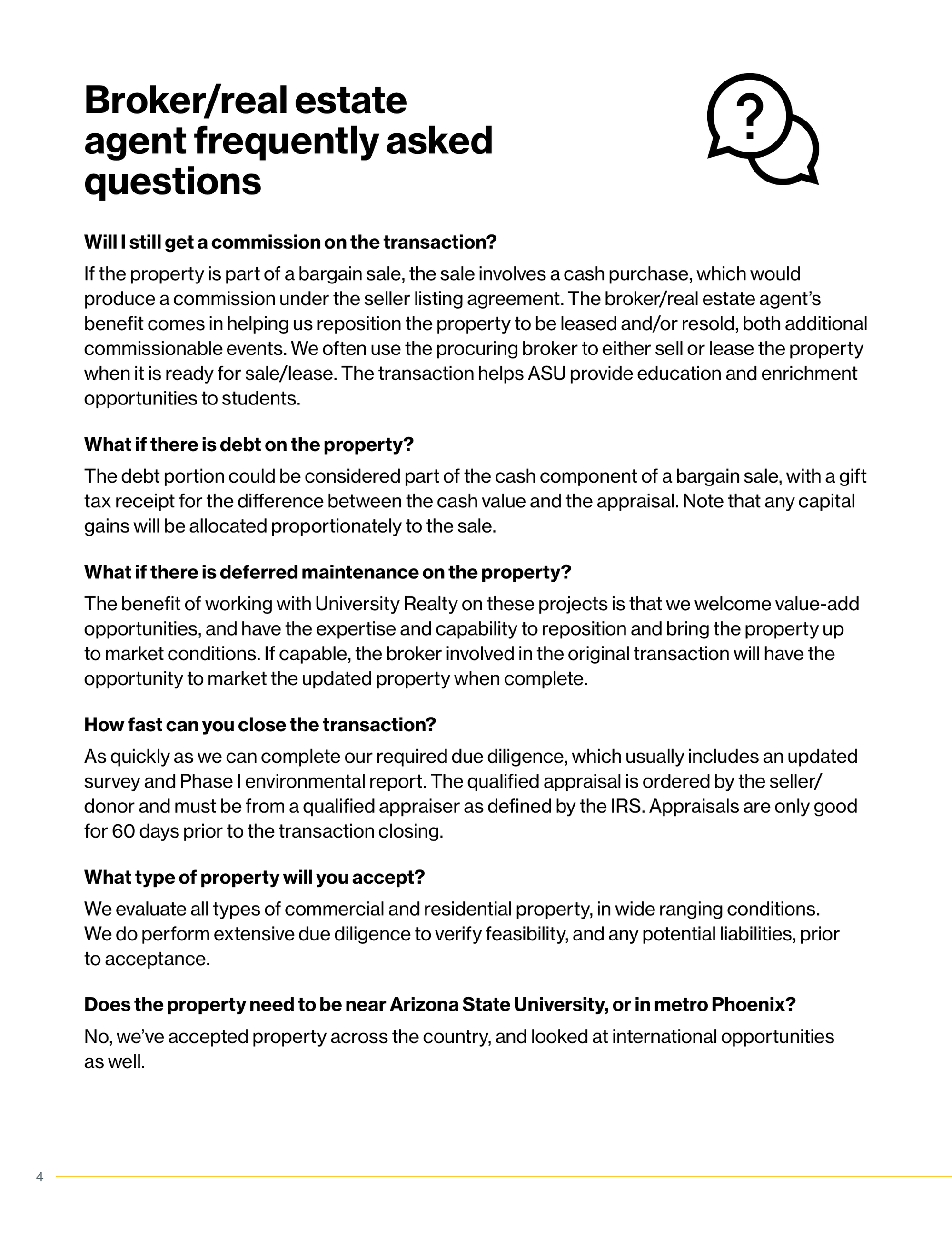 A document page titled "Broker/real estate agent frequently asked questions" with multiple questions and answers about property transactions, commissions, debts, deferred maintenance, property acceptance, and property location near Arizona State University or in metro Phoenix.