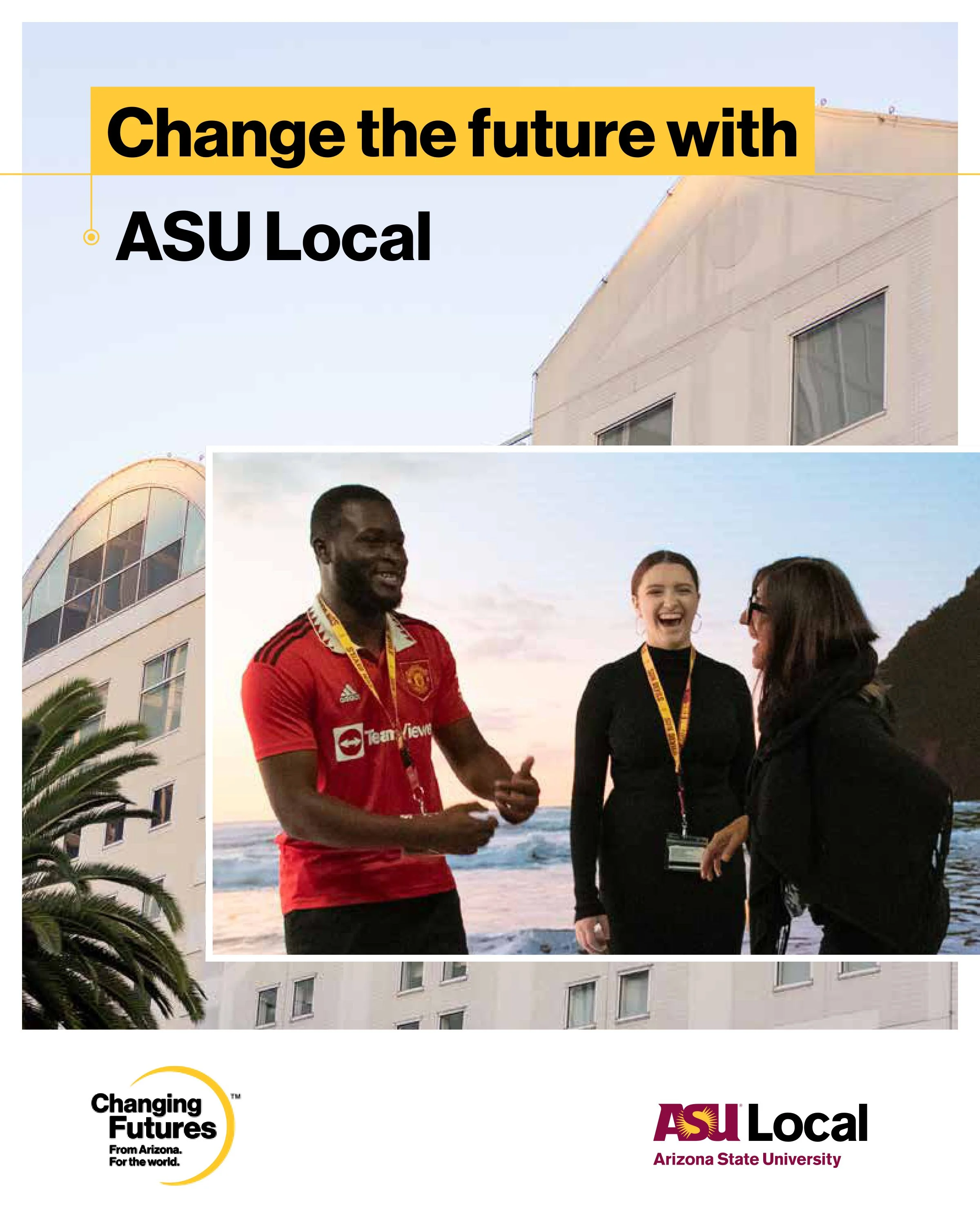 A group of diverse young people talking and smiling outdoors, with a large building and palm trees in the background, during sunset.