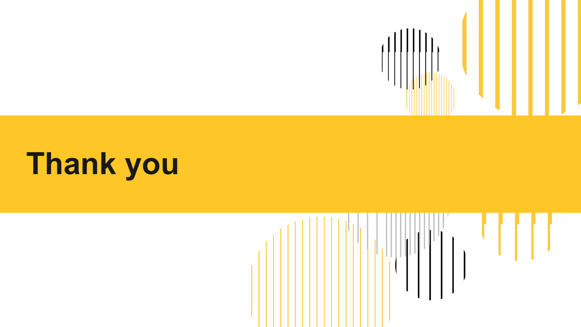 A thank you message on a yellow banner with abstract black and white striped circles and lines in the background.
