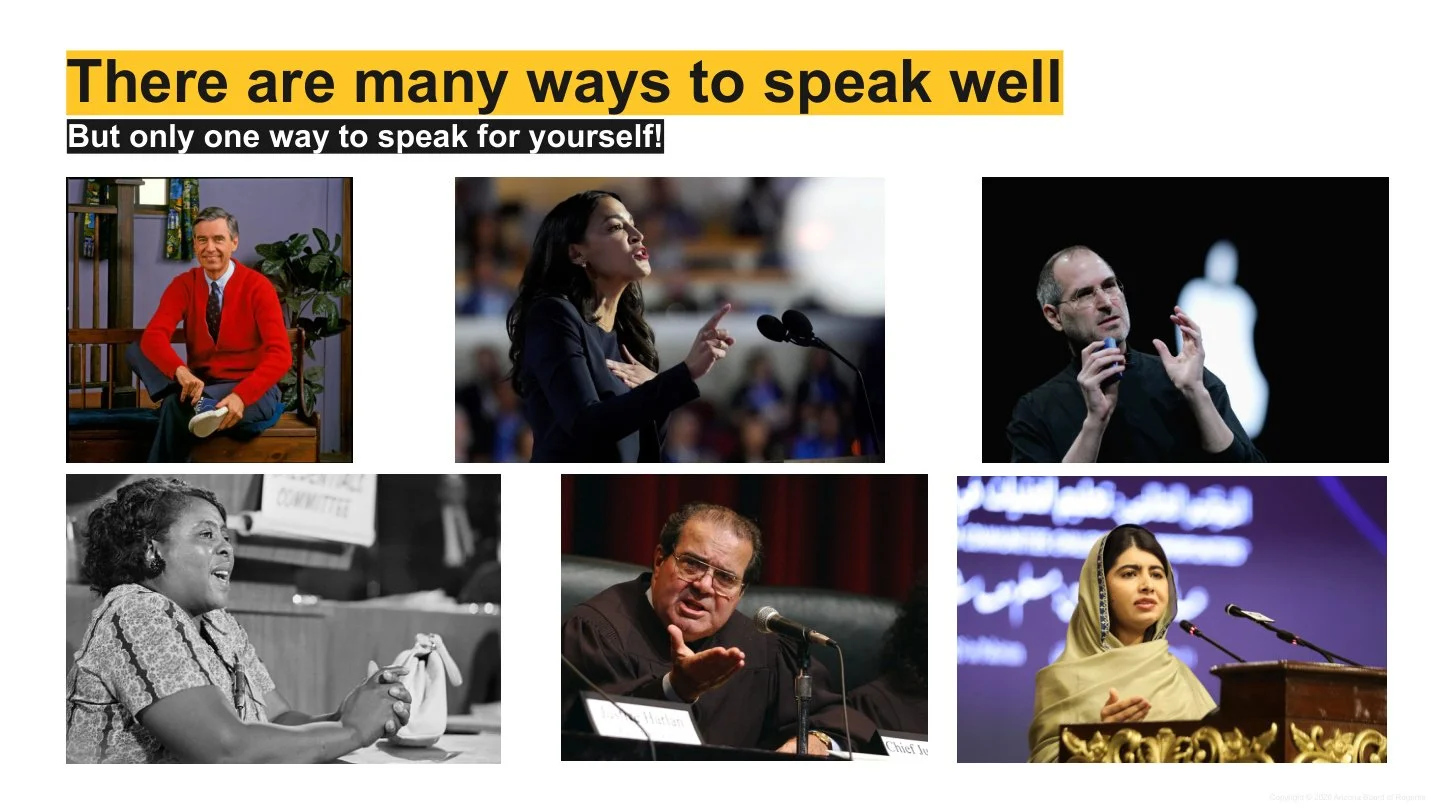 Collage of six individuals speaking or presenting, with text at the top that reads "There are many ways to speak well," and underneath, "But only one way to speak for yourself!"