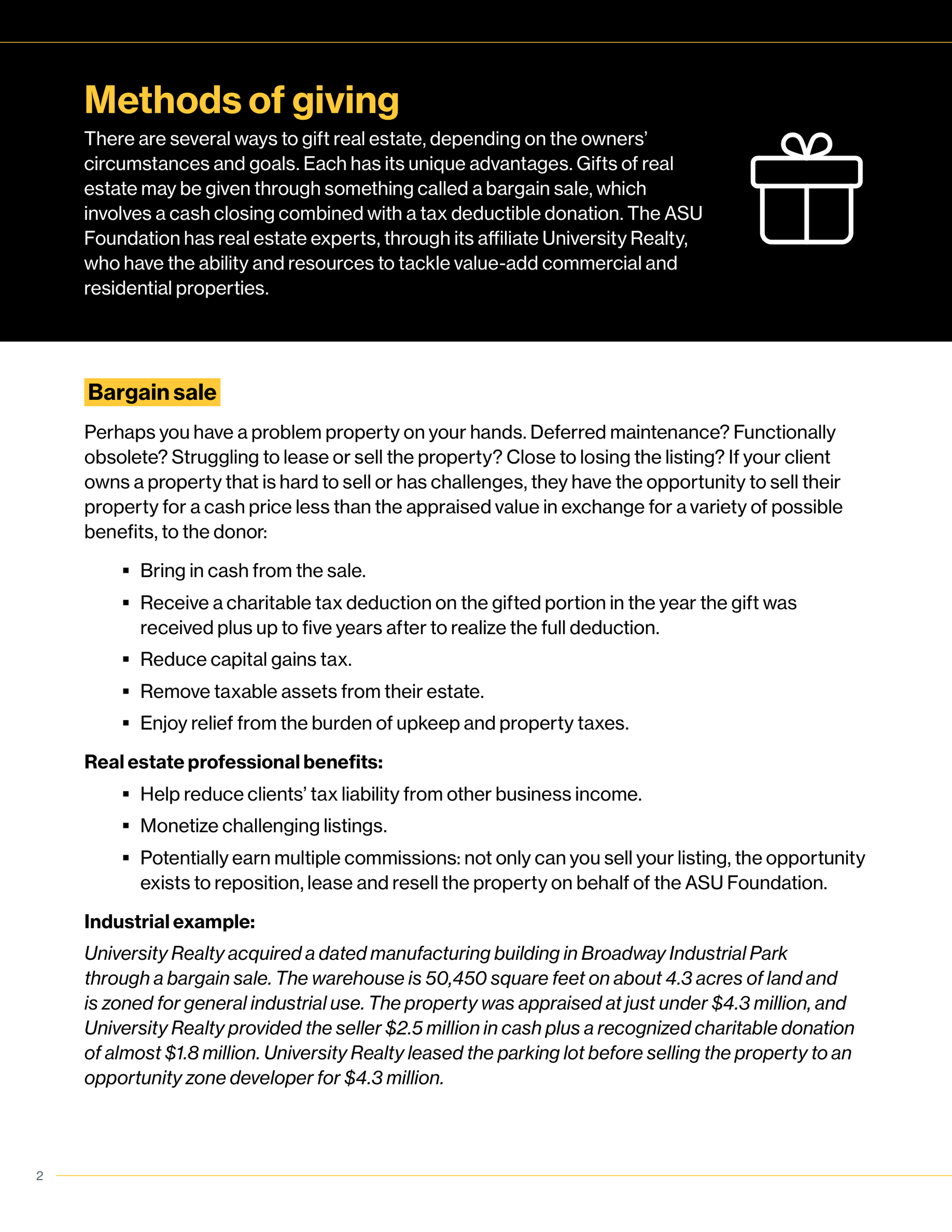 An informational page about methods of giving, including various options for donating real estate, and an example of a university real estate transaction involving a manufacturing building in Brooklyn Industrial Park.
