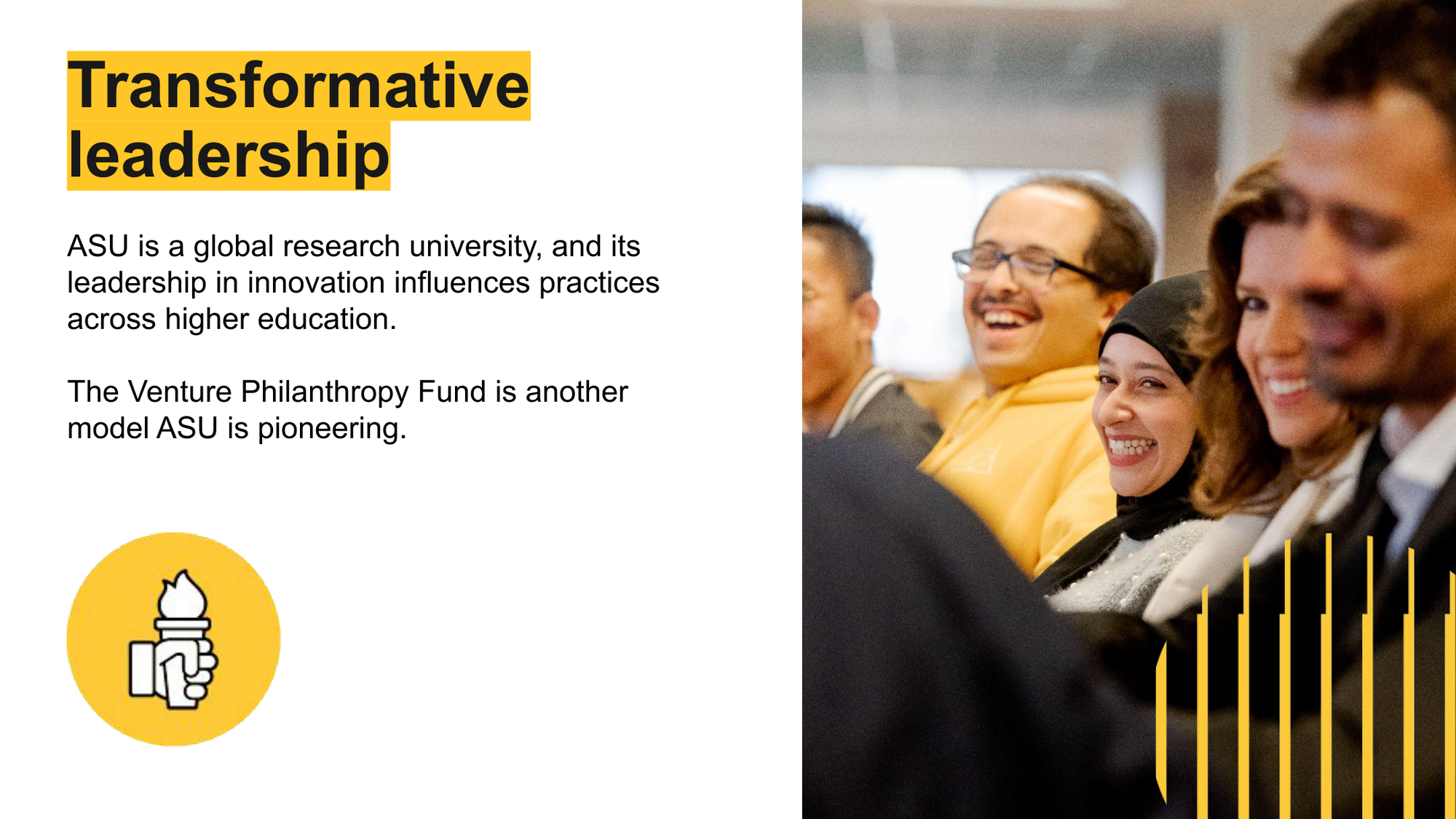 A group of diverse students sitting and smiling during a presentation at a university, with a sidebar highlighting 'Transformative leadership' at ASU.