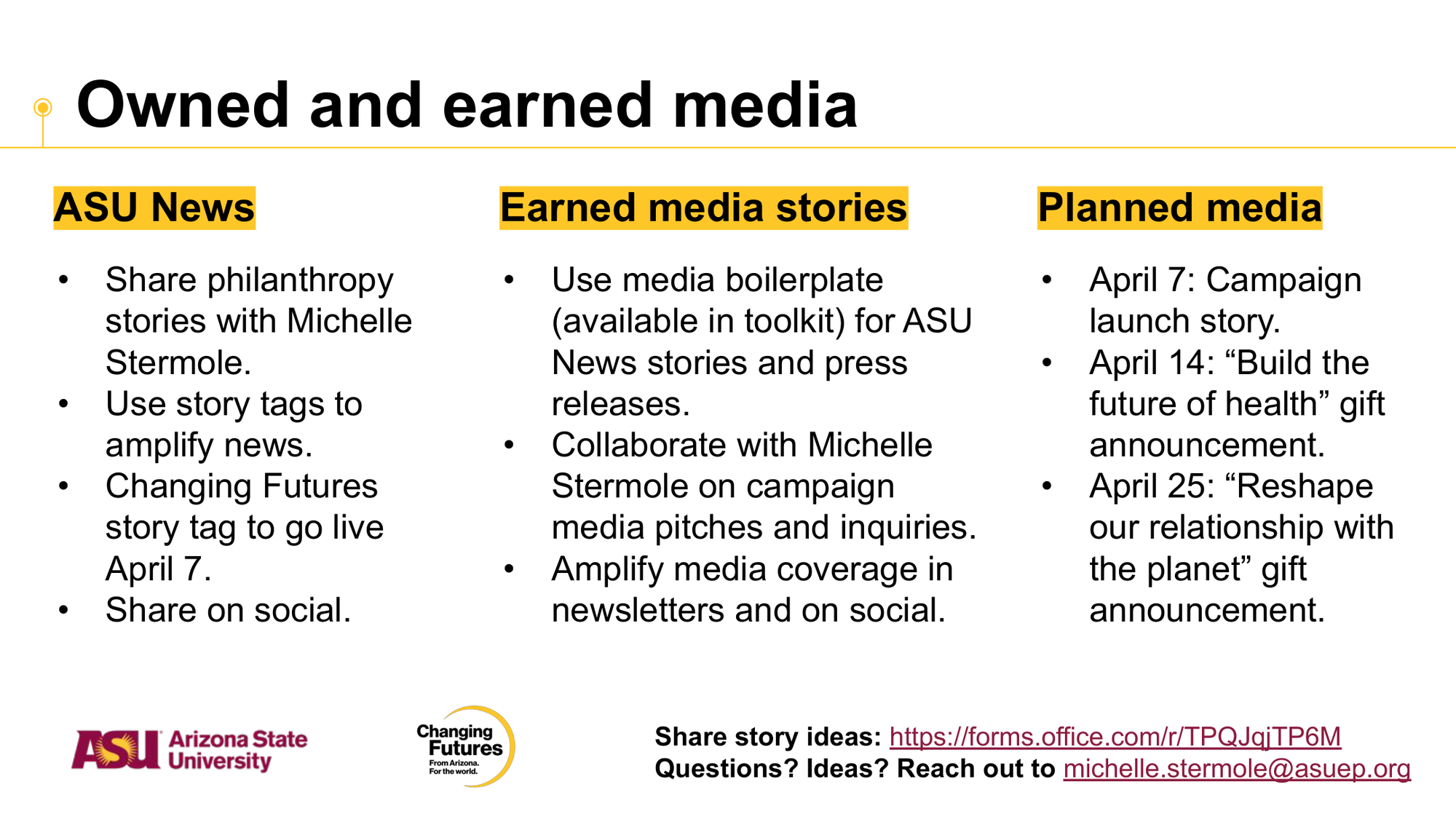 A presentation slide about owned and earned media strategies, with sections titled ASU News, Earned Media Stories, and Planned Media, listing various activities and dates.