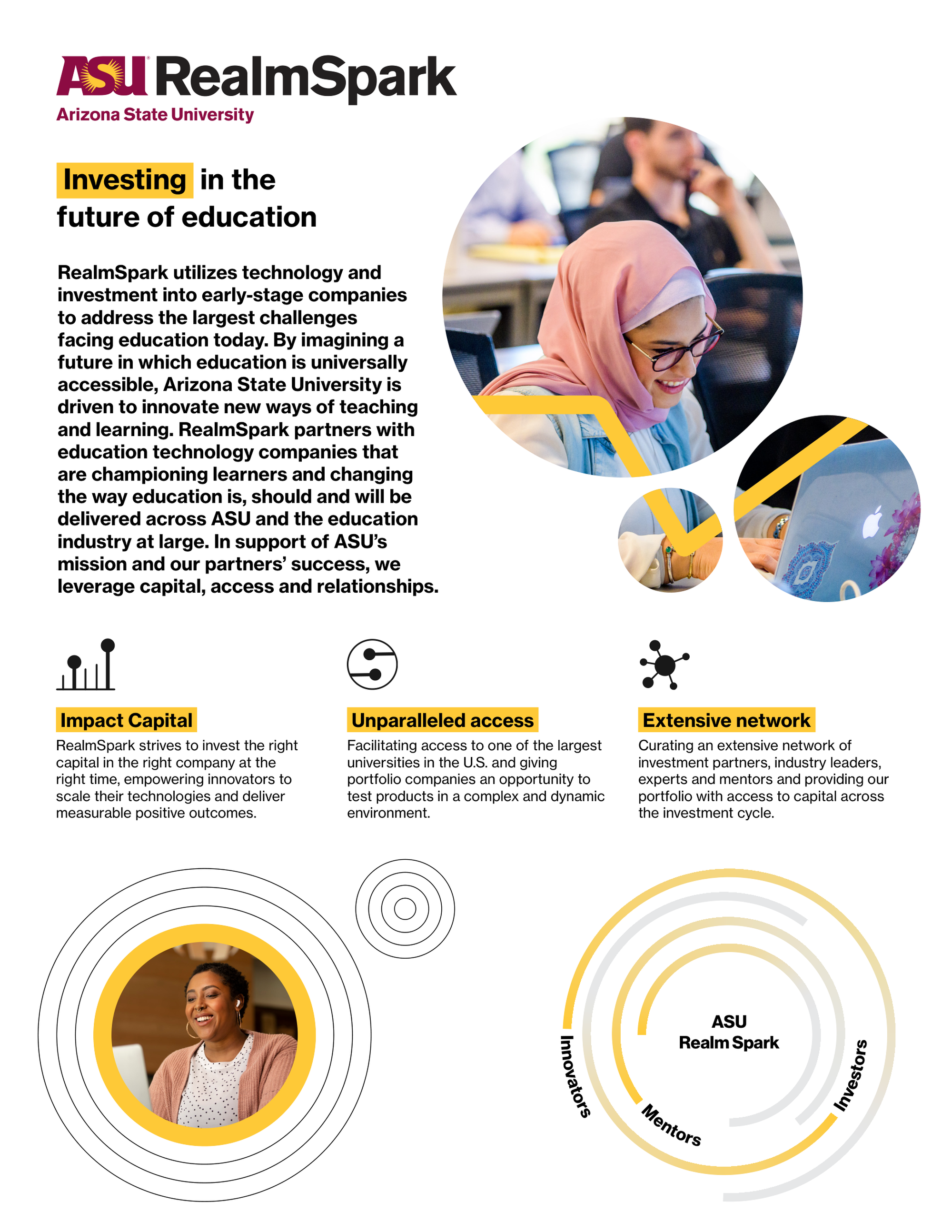 A promotional flyer for ASU RealmSpark at Arizona State University featuring a woman in a hijab working on a laptop, with sections highlighting impact capital, access, and network advantages.