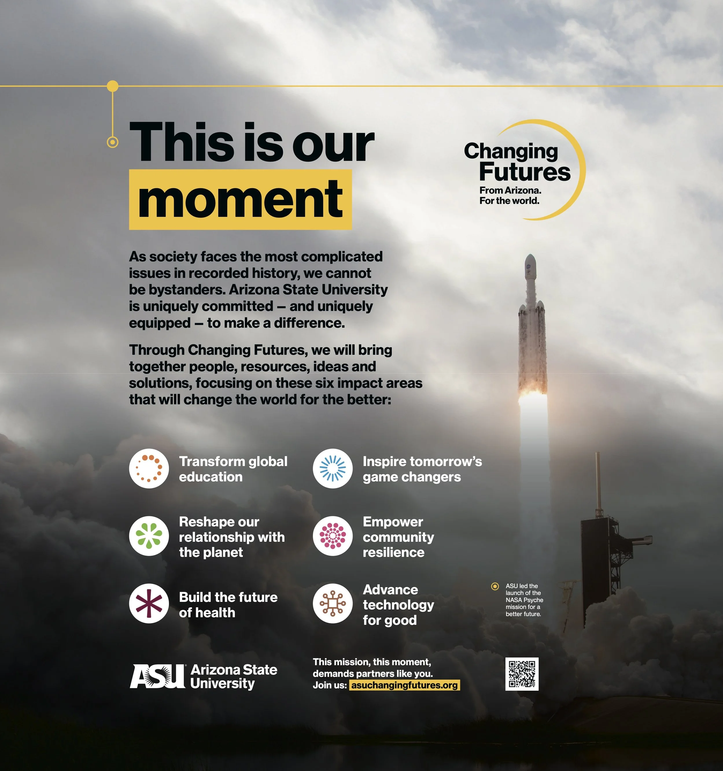 A rocket launching into a cloudy sky with a trail of smoke, with a message about changing futures and innovation from Arizona State University, including various icons representing education, technology, health, and community empowerment, and a QR code and website link for more information.