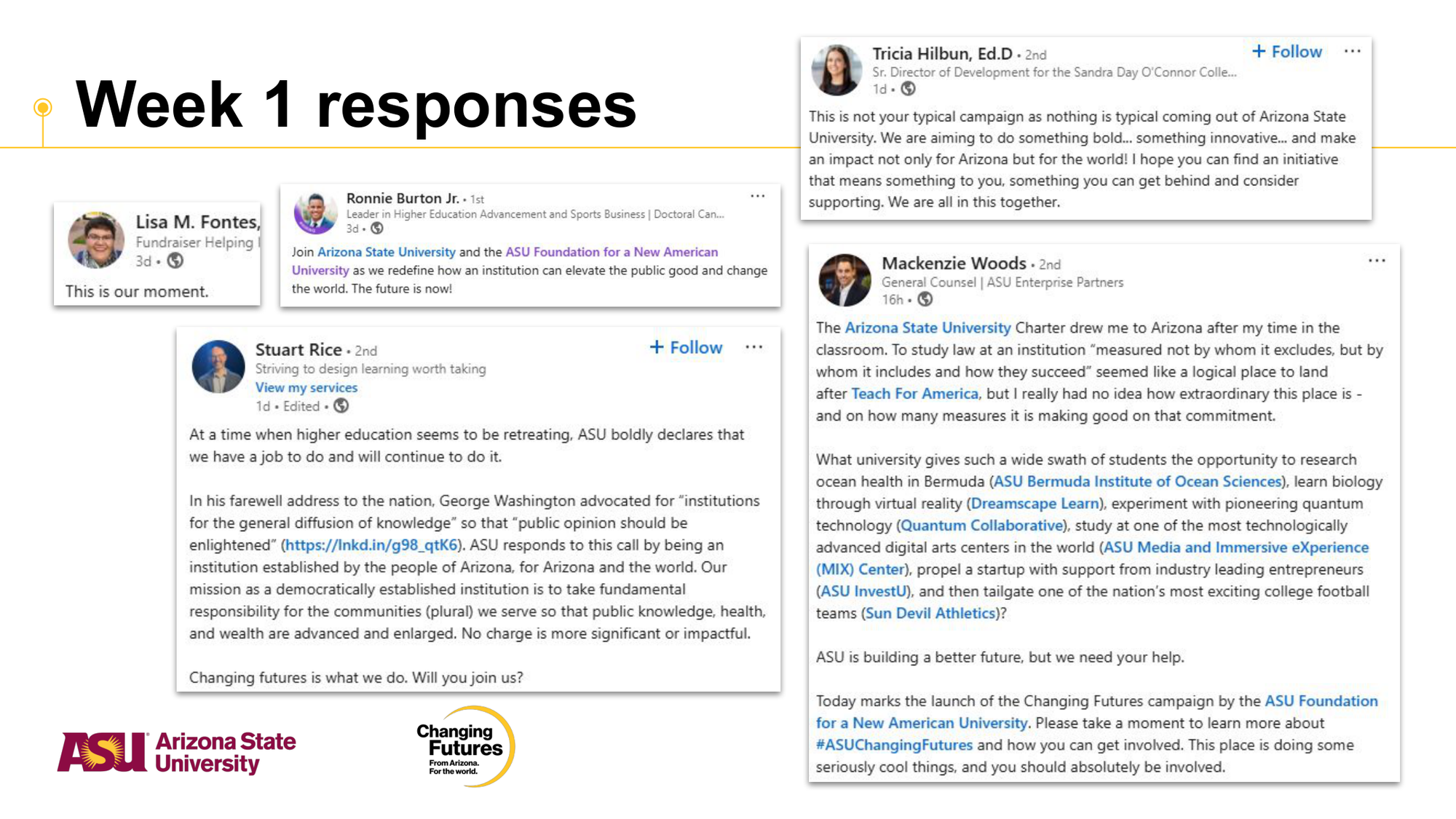 A screenshot of a presentation slide titled "Week 1 responses" displaying various responses and comments from individuals affiliated with Arizona State University, including their names, titles, and brief statements about their perspectives and involvement with the university's initiatives and programs.