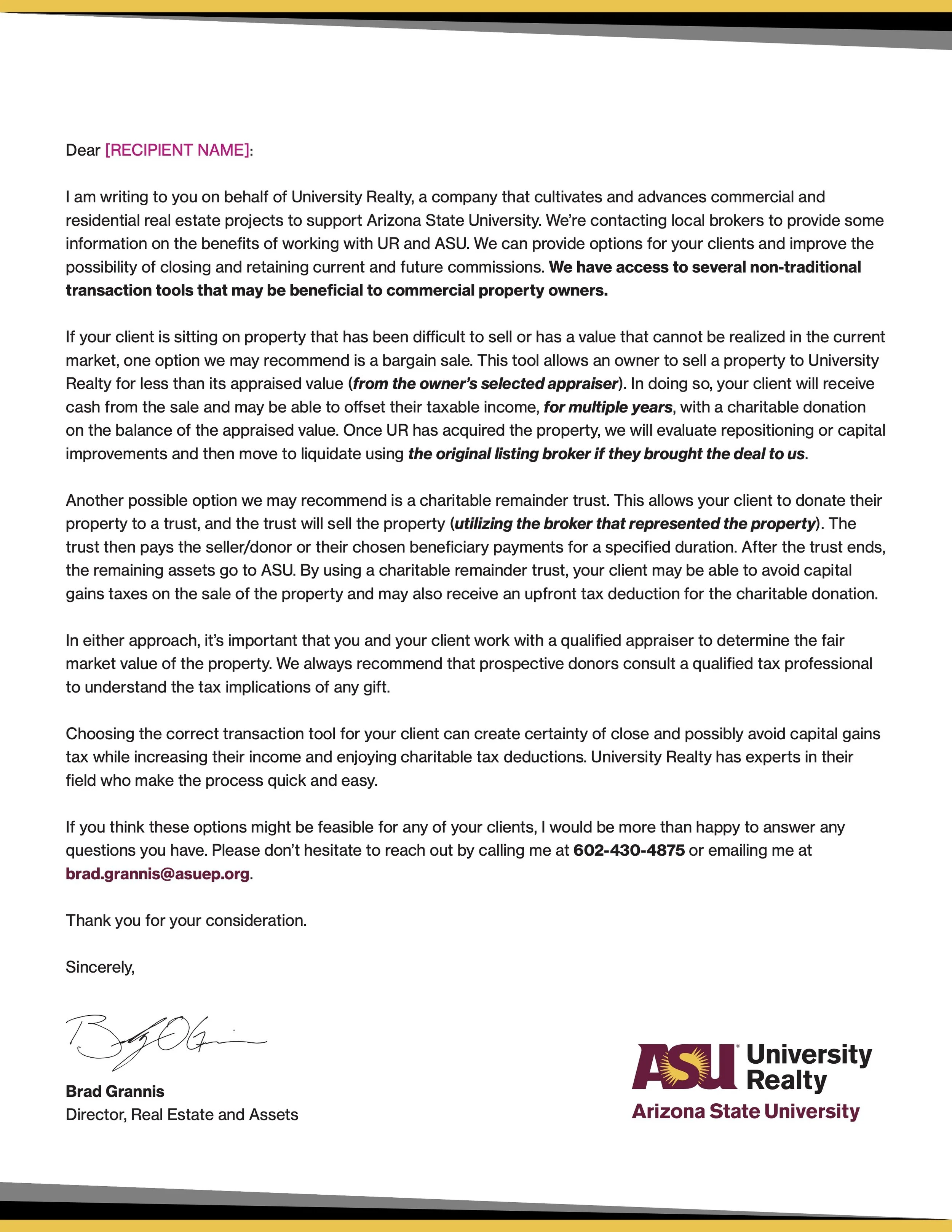 Letter from Brad Grannis, Director of Real Estate and Assets at University Realty, Arizona State University, discussing real estate options, with Arizona State University and University Realty logos at the bottom.