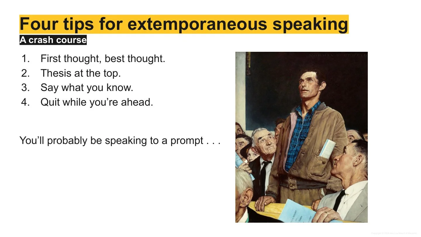 A presentation slide titled 'Four tips for extemporaneous speaking' with four tips listed: 1. First thought, best thought; 2. Thesis at the top; 3. Say what you know; 4. Quit while you're ahead. The slide also includes a quote: 'You'll probably be speaking to a prompt...' and an illustration of a man in a brown jacket and blue shirt speaking to an audience, with several elderly men seated around him, one of whom is holding a blue booklet.