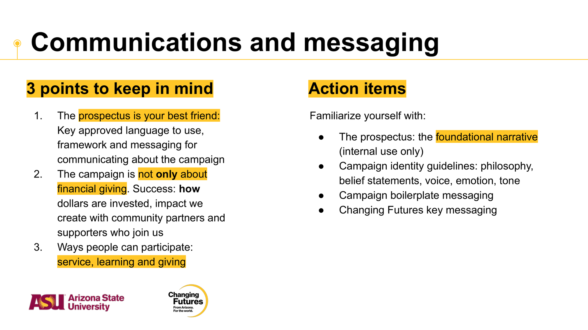 A presentation slide titled 'Communications and messaging' with numbered points about campaign language, funding, and participation, featuring highlighted keywords and logos from Arizona State University and Changing Futures.
