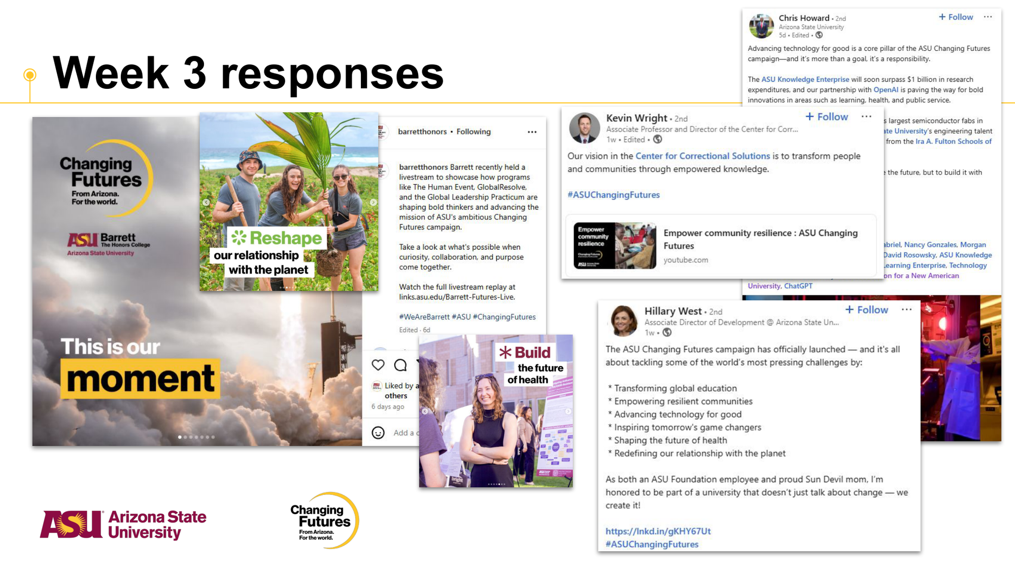 Collage of social media posts and graphics promoting Arizona State University's Changing Futures campaign, including images of students, a university logo, and text about advancing technology and transforming education.