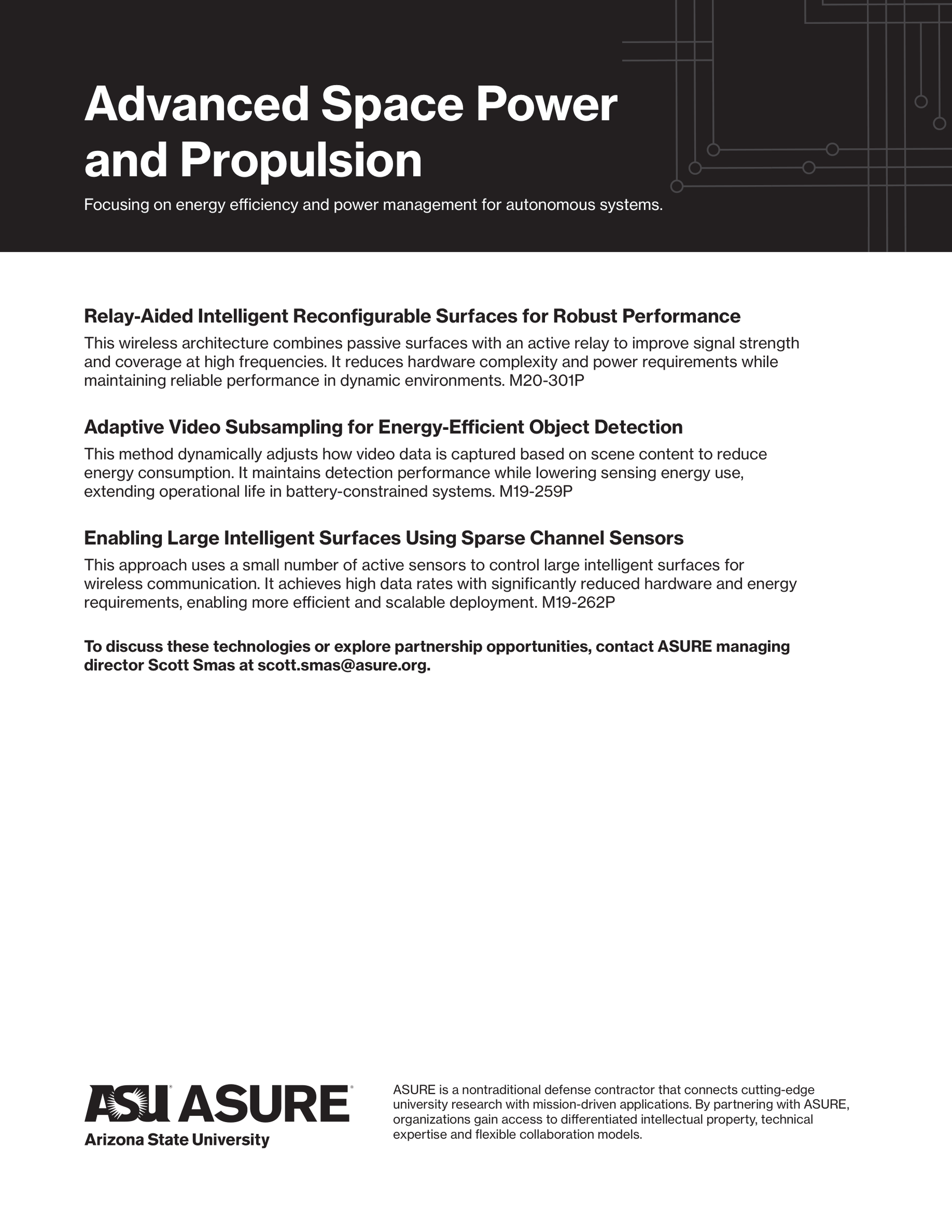 A brochure or flyer with a black and white color scheme discussing advanced space power and propulsion technologies. Includes sections about relay-aided intelligent reconfigurable surfaces, adaptive video subsampling, and large intelligent surfaces using sparse channel sensors. The document is associated with ASURE and Arizona State University.