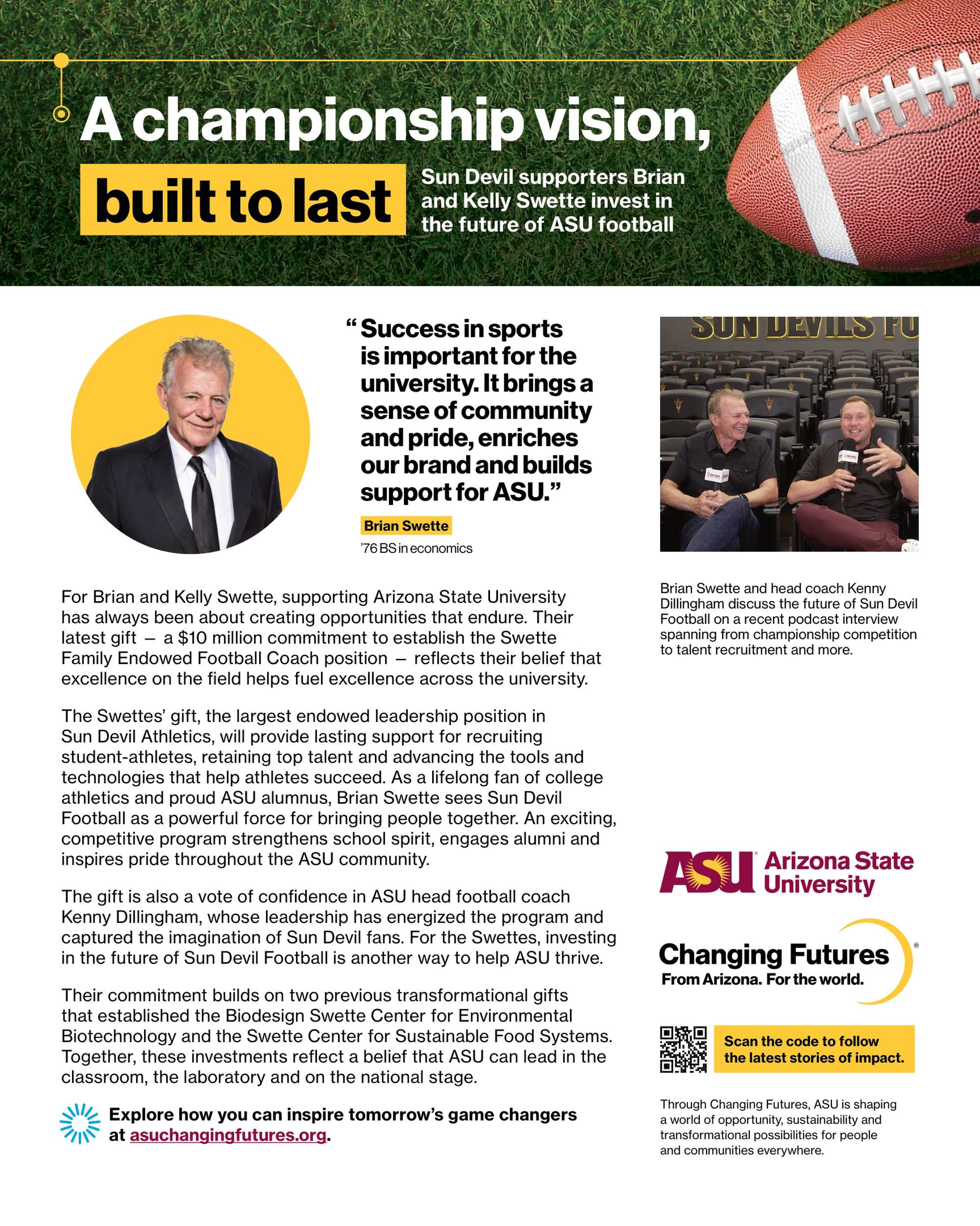 A webpage featuring ASU Arizona State University athletic sponsorship, with a football on grass, a portrait of Brian Swette, and a photo of two men in a conference room. The page highlights efforts to support Sun Devil football, community engagement, and sustainability projects, with logos, quotes, and a QR code for more stories.