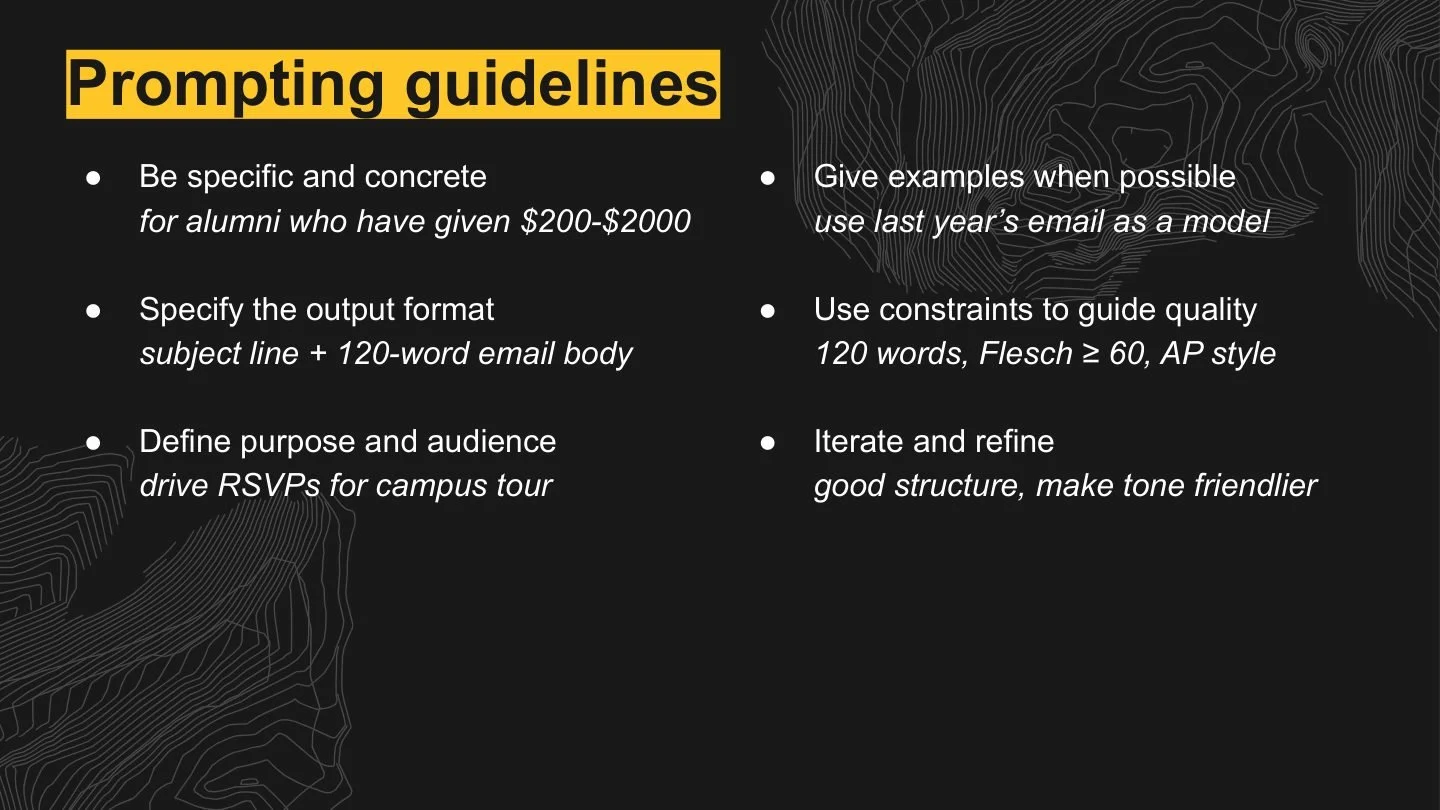 Slide titled 'Prompting guidelines' with six bullet points on a black background with contour line patterns, covering tips for effective prompting.