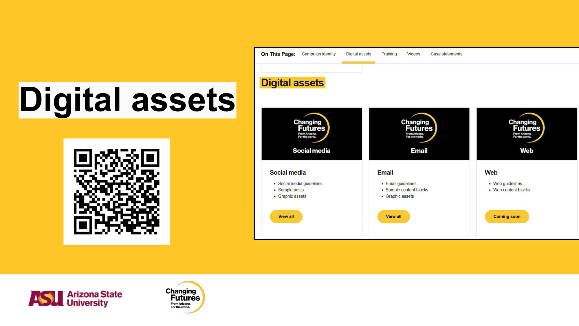 Image showcasing a presentation or webpage slide titled 'Digital assets' with a yellow background. It includes a QR code and examples of digital assets such as social media, email, and web. The slide is part of a campaign by Arizona State University and features tags like 'Changing Futures' from Arizona for the world.