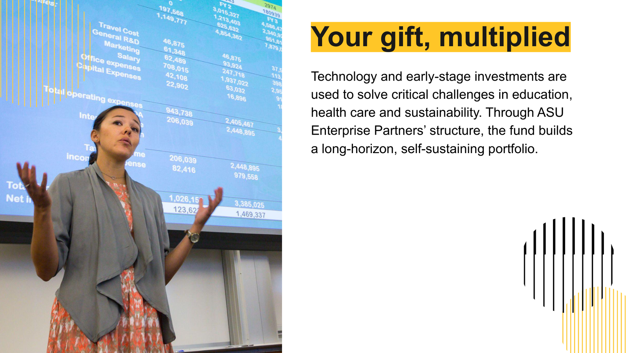 A woman giving a presentation in front of a large screen displaying financial data with a blue background. She is gesturing with her hands, wearing a gray jacket over a patterned dress.
