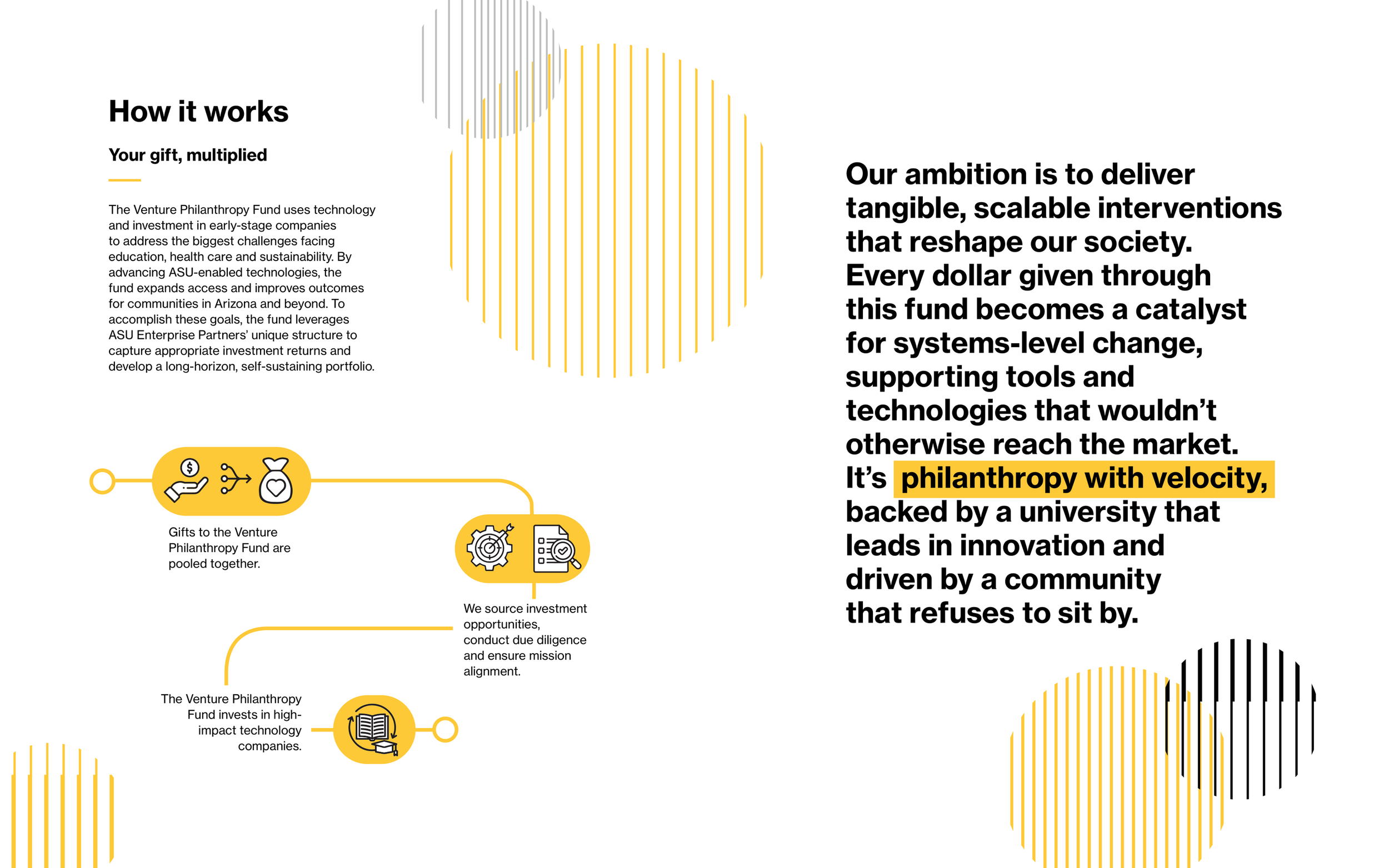 Detailed infographic explaining how venture philanthropy uses technology and investment to address societal challenges with prominent sections titled 'How it works' and 'Our ambition is to deliver tangible, scalable interventions that reshape our society.' Highlights include phrases like 'philanthropy with velocity' and concepts about investing in high-impact technology companies.