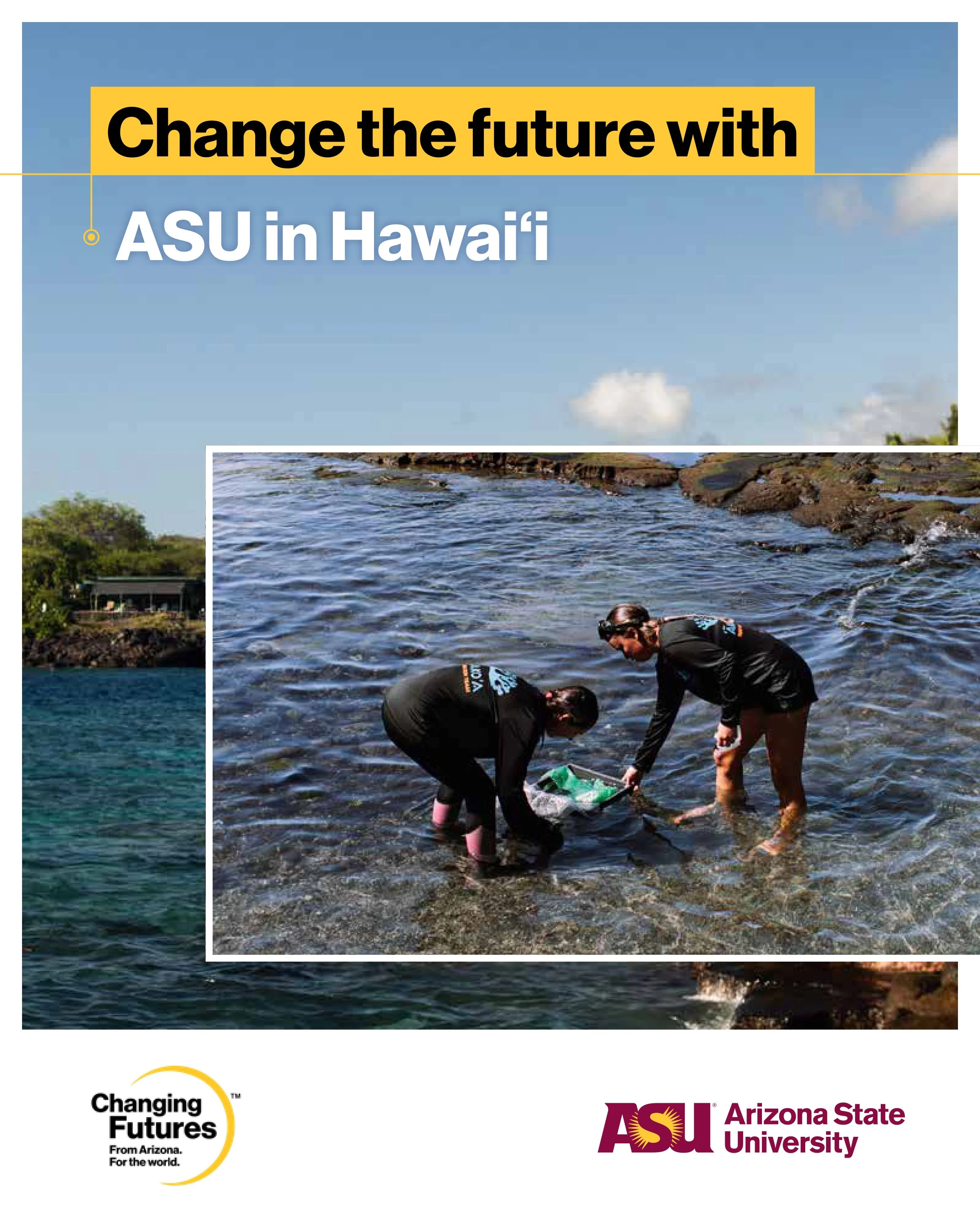 Two people are standing in shallow water near the shore, examining an object in a green plastic bag, with the background showing a rocky shoreline and clear blue sky. The image also includes logos for Changing Young Futures, Arizona State University,
