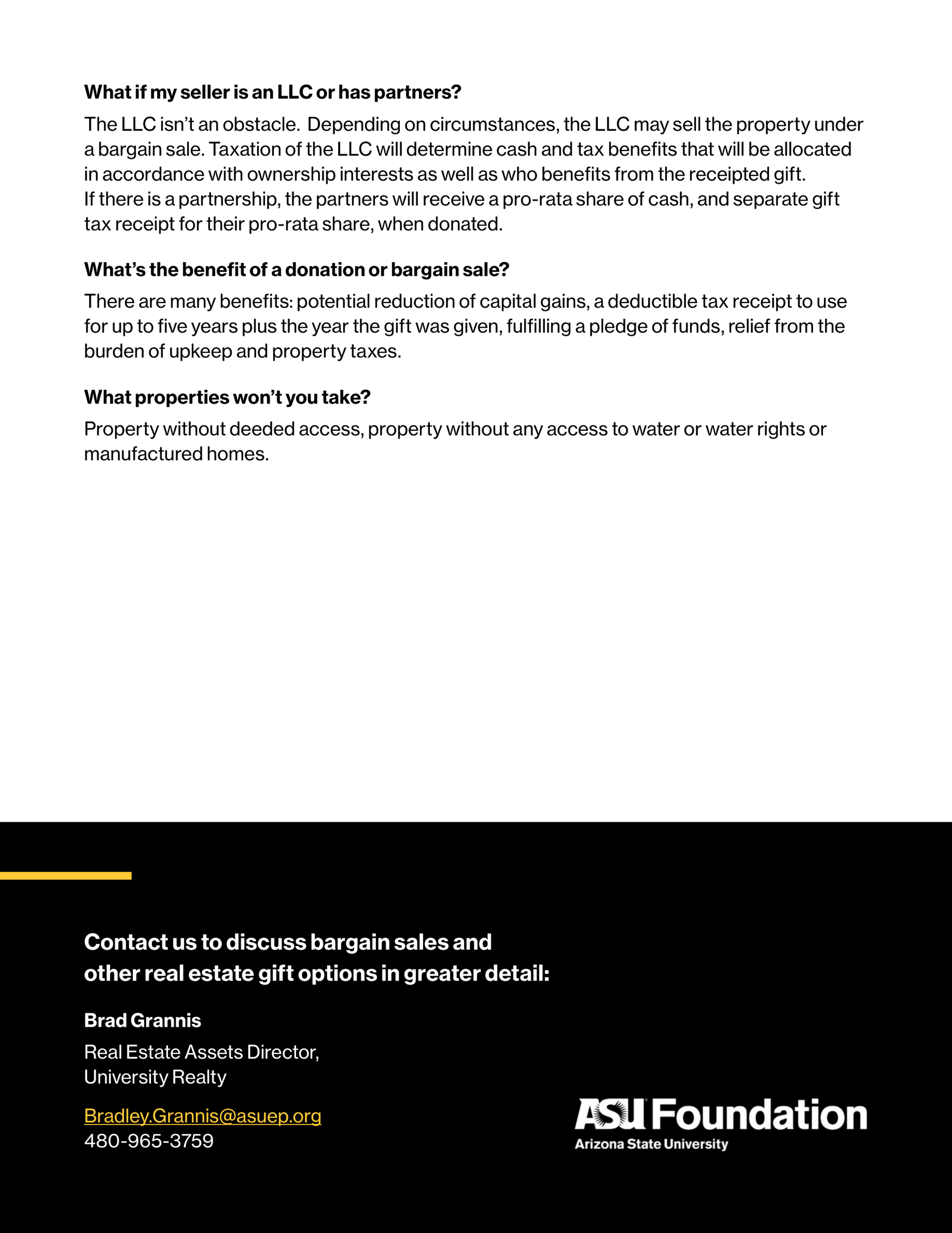 A multi-section informational flyer about real estate and nonprofit services. The top section discusses legal and tax considerations for LLCs and partners. The middle section highlights benefits of donations and bargain sales. The bottom provides contact information for Bradley Grannis, including email and phone number, with logos of ASU Foundation and Arizona State University.