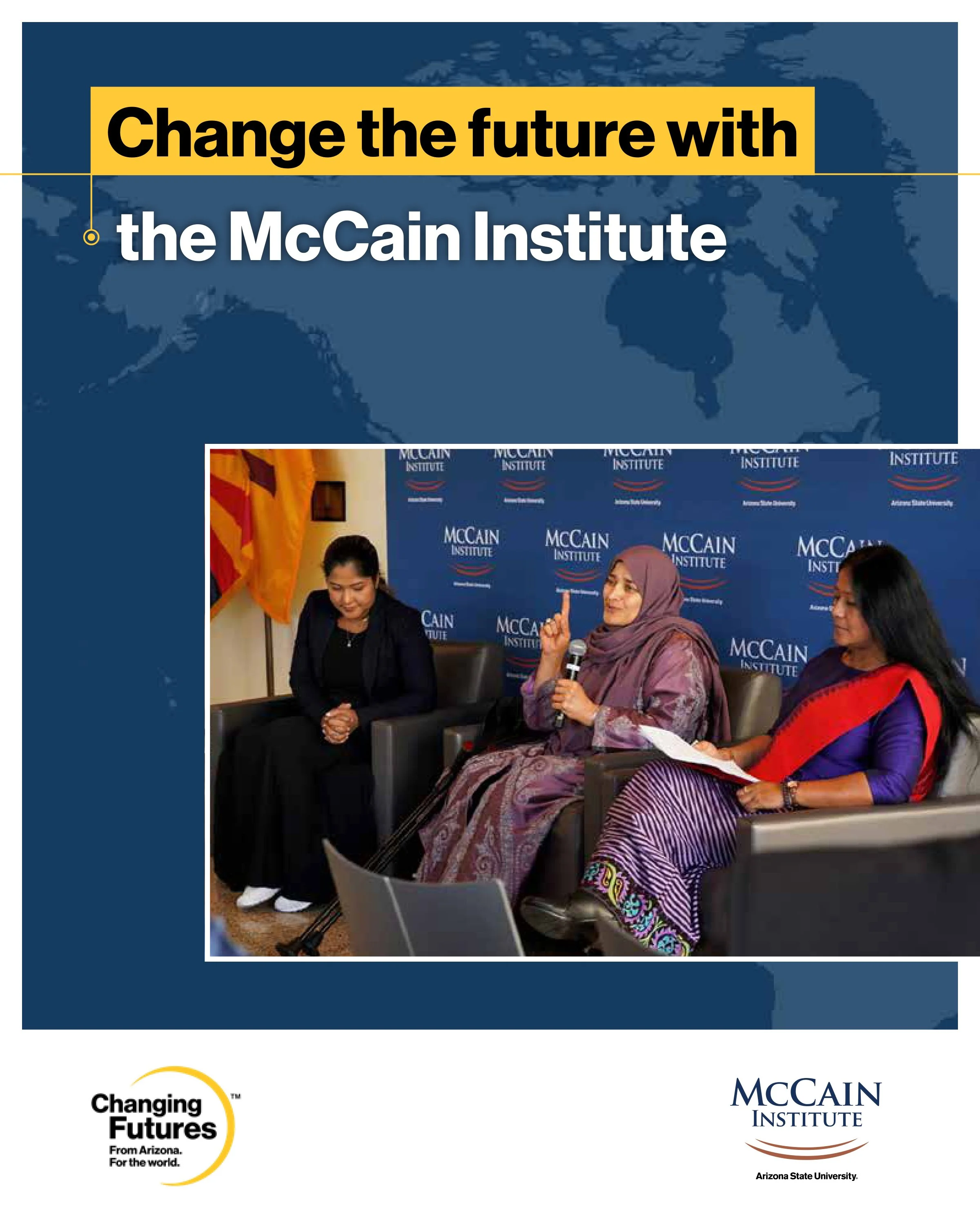 Group of diverse women at a panel discussion at the McCain Institute, with a backdrop displaying the McCain Institute logo. The woman in the center is speaking, while others are listening.
