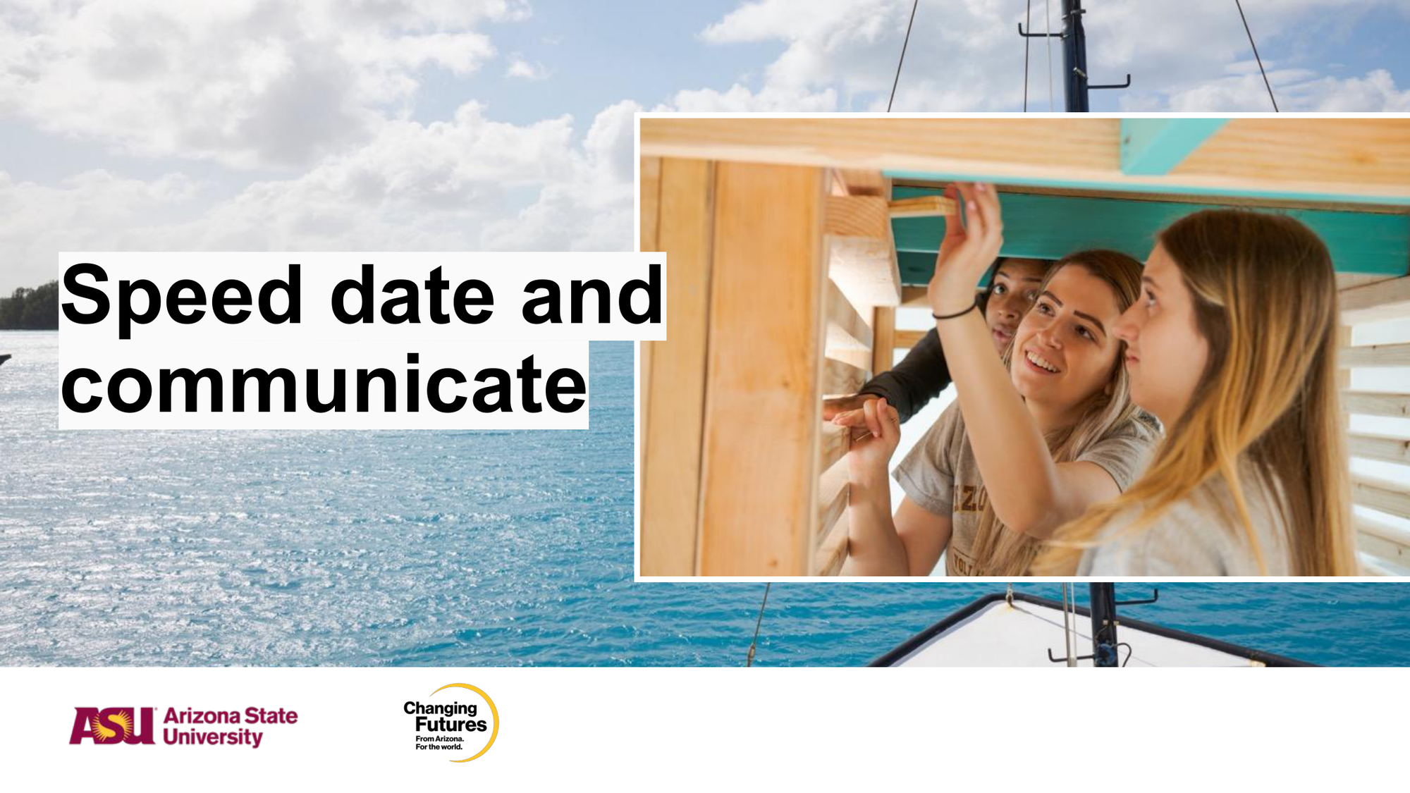 Three young women looking up and talking inside a wooden structure on a sailboat. The background shows water and a cloudy sky.