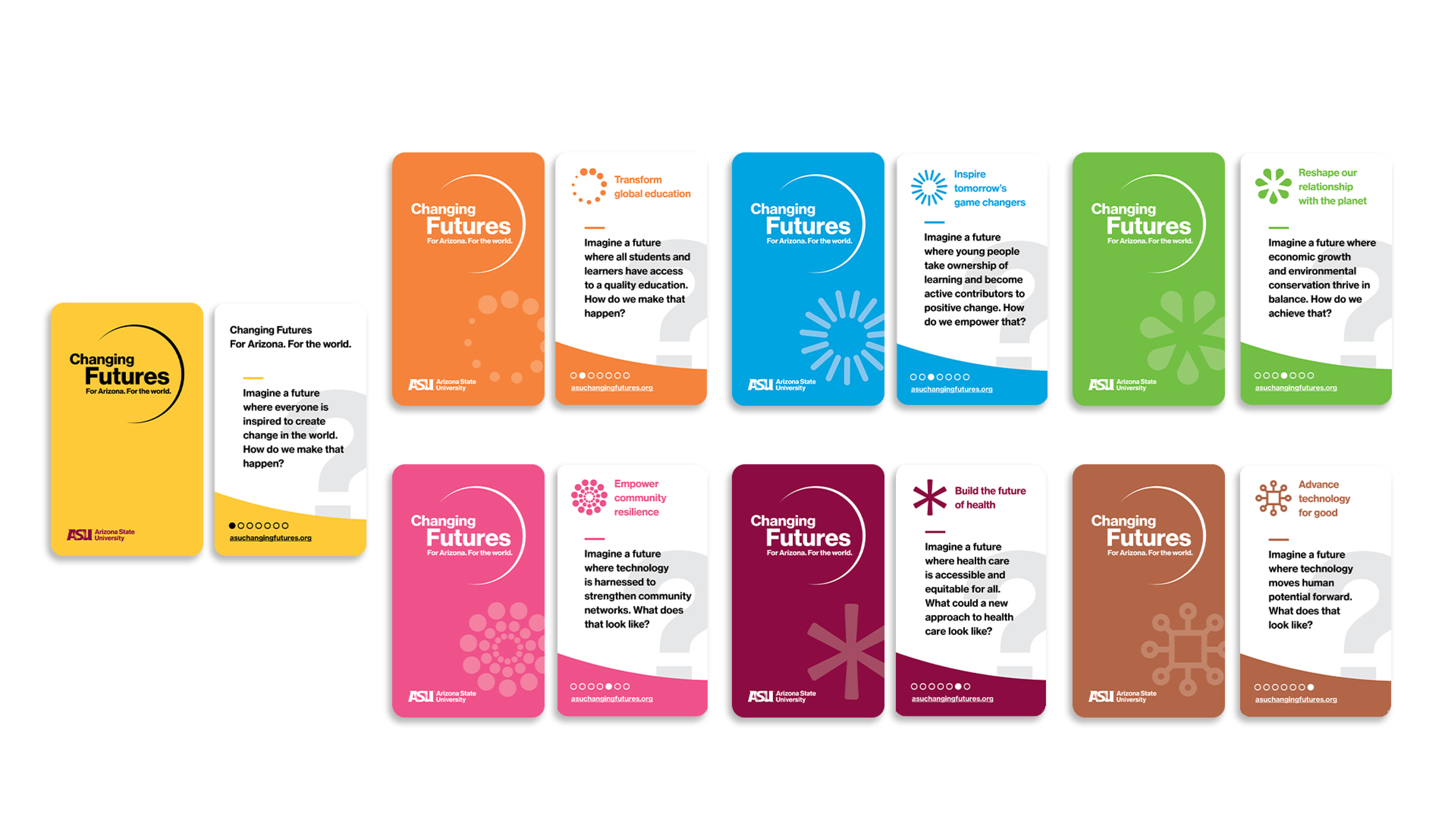 Various colorful cards with the title 'Changing Futures', each featuring a different theme or question about future improvements in education, community resilience, health, technology, and environmental sustainability, organized in a grid layout.