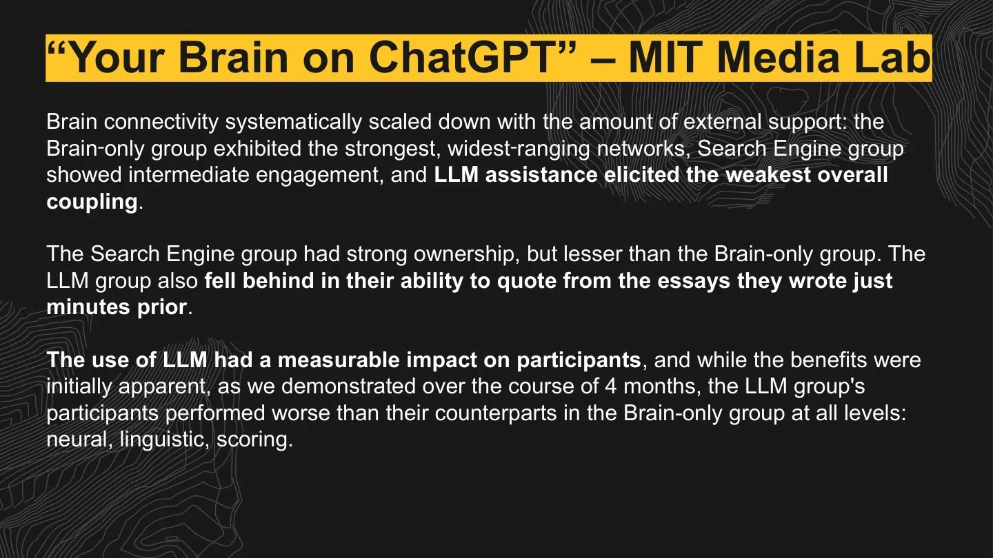 Slide titled "Your Brain on ChatGPT" from MIT Media Lab, with black background and white text, highlighting research on brain connectivity and language models.
