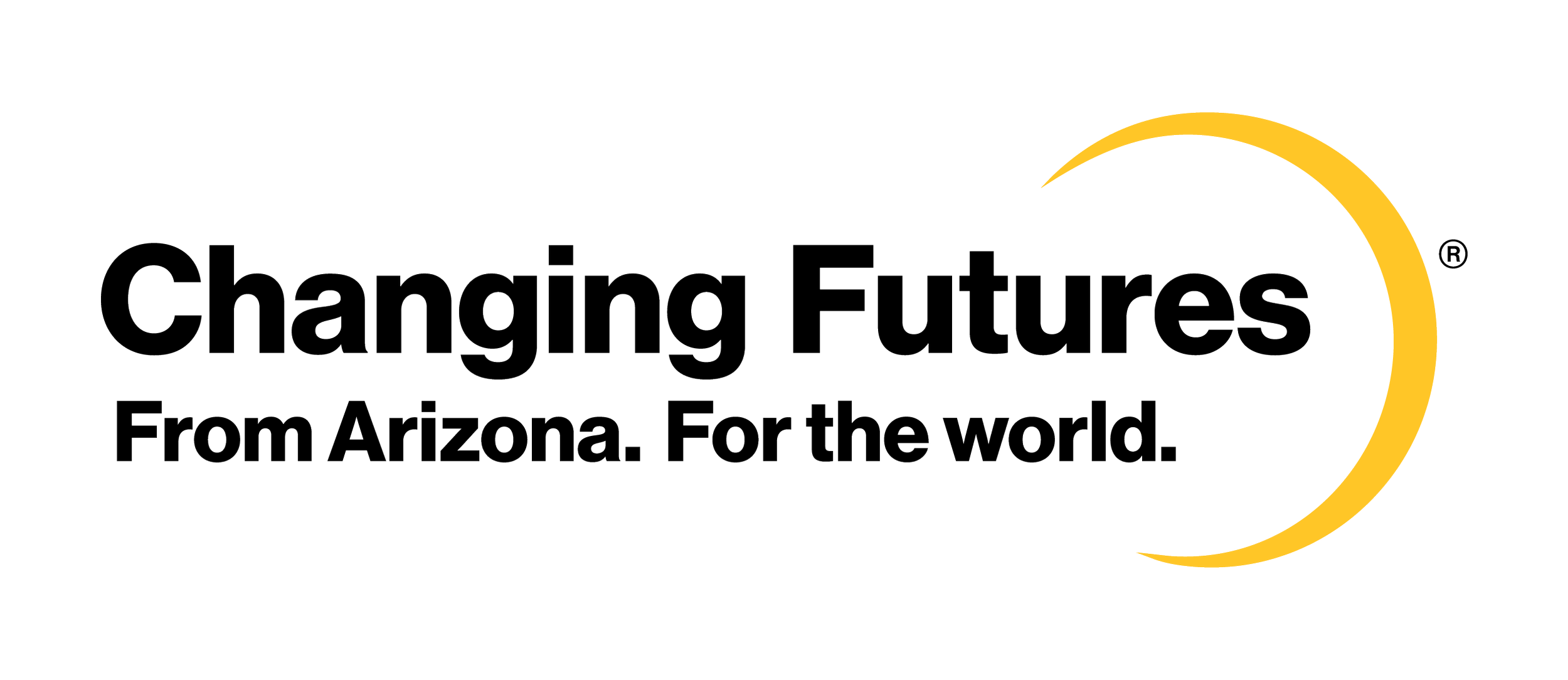 Logo for Changing Futures, with black text and a gold crescent on the right, and the tagline 'From Arizona. For the world.'