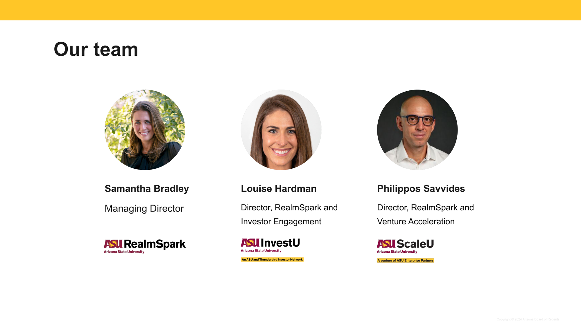 Team section with photos and names of three individuals: Samantha Bradley, Louise Hardman, and Philippos Savvides, affiliated with Arizona State University and their respective roles in RealmSpark, InvestU, and ScaleU.