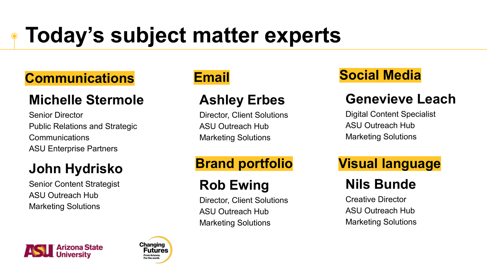A presentation slide titled "Today's subject matter experts" lists experts in categories like Communications, Email, Social Media, Brand portfolio, and Visual language, including names and titles, with logos of Arizona State University and Changing Futures at the bottom.