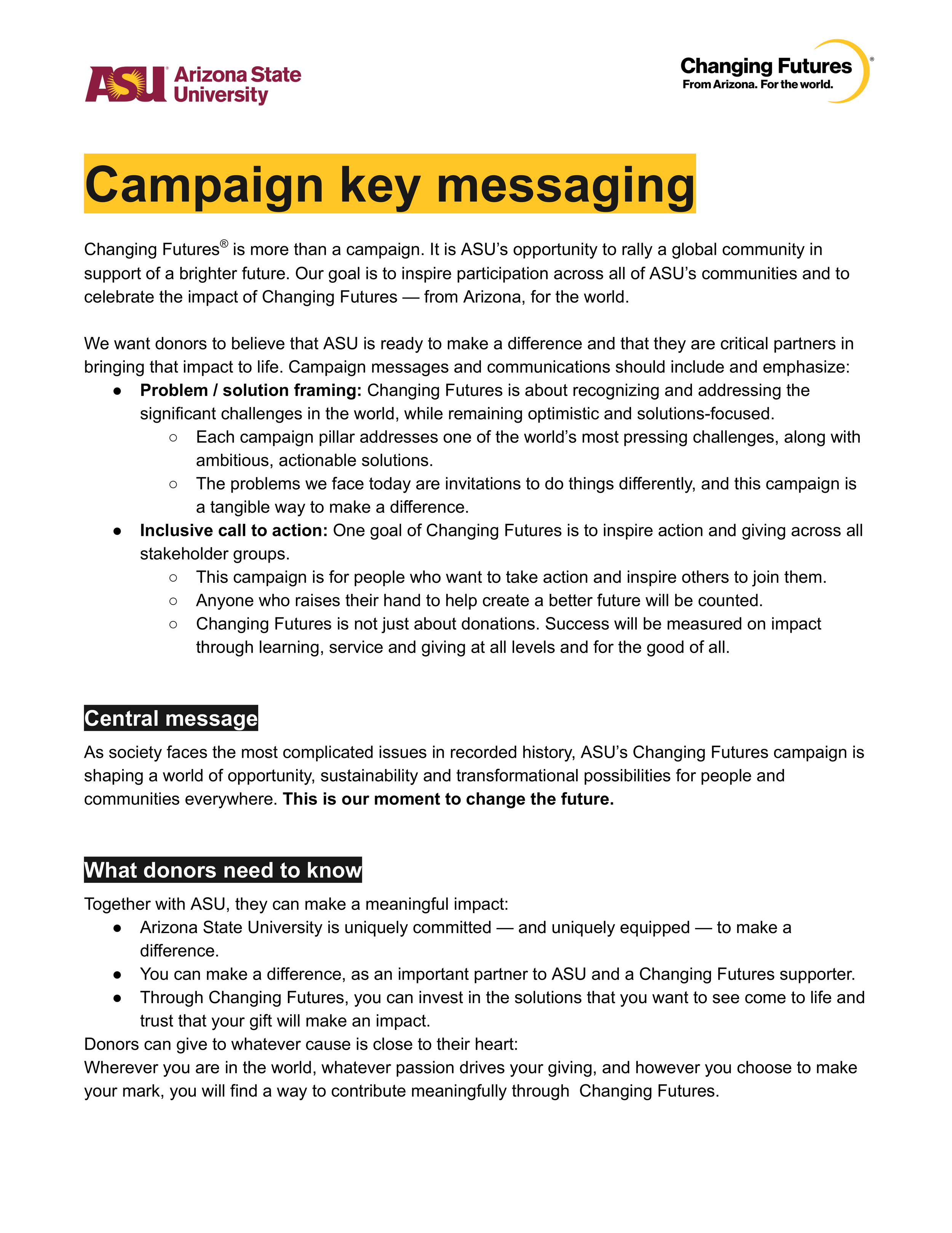 Document titled "Campaign key messaging" from Arizona State University and Changing Futures campaign with sections on beliefs and actions for donors.