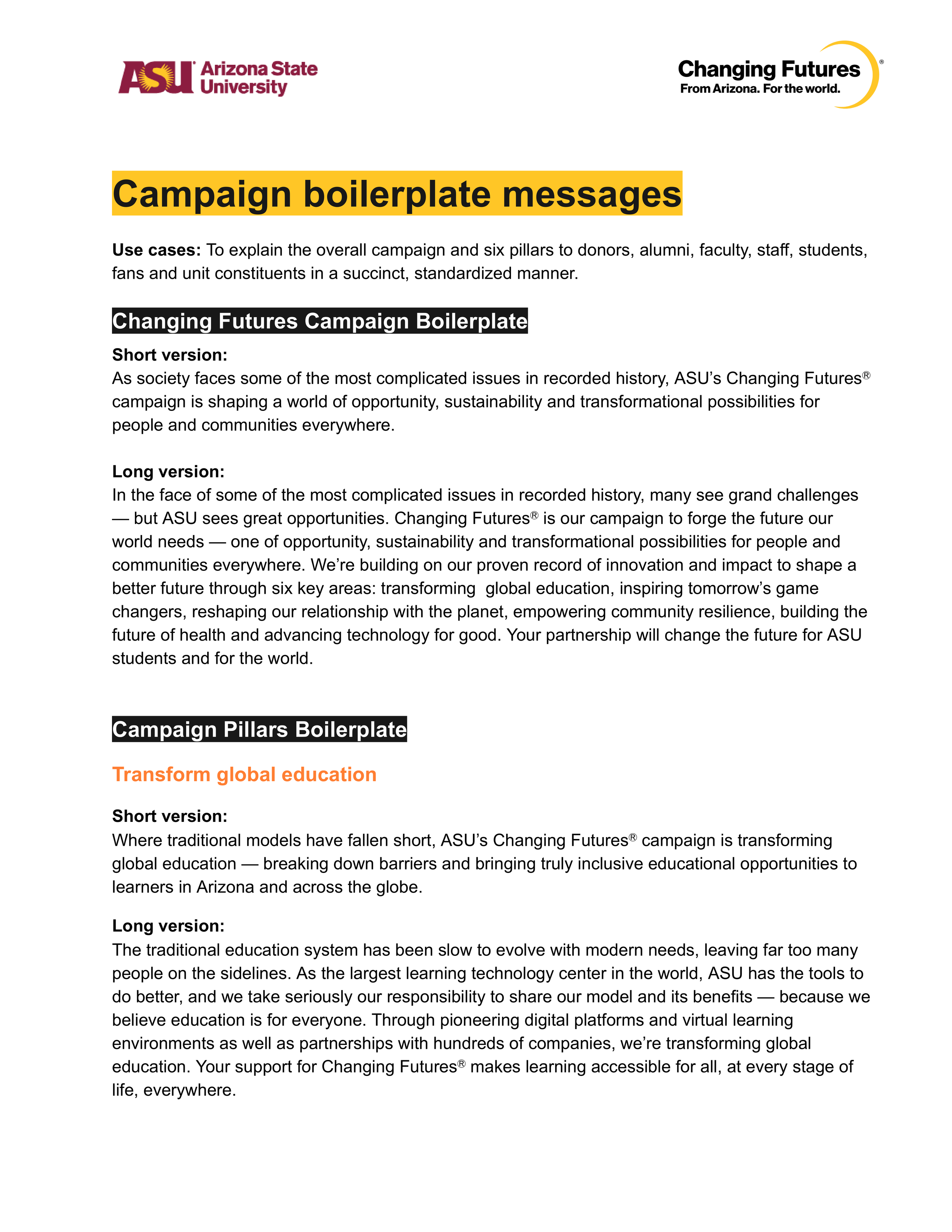Document titled 'Campaign boilerplate messages' with sections describing use cases and campaign versions, featuring logos for Arizona State University and Changing Futures, and the phrase 'Transform global education' in orange.