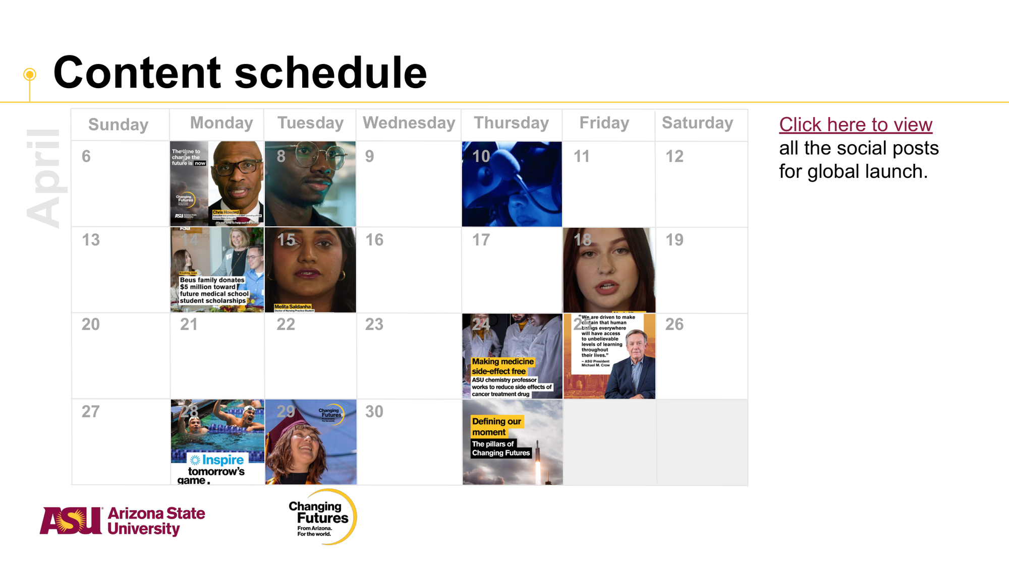 April calendar with social media posts and events highlighted, including topics on scientific research, university achievements, and motivational messages, with the Arizona State University logo.