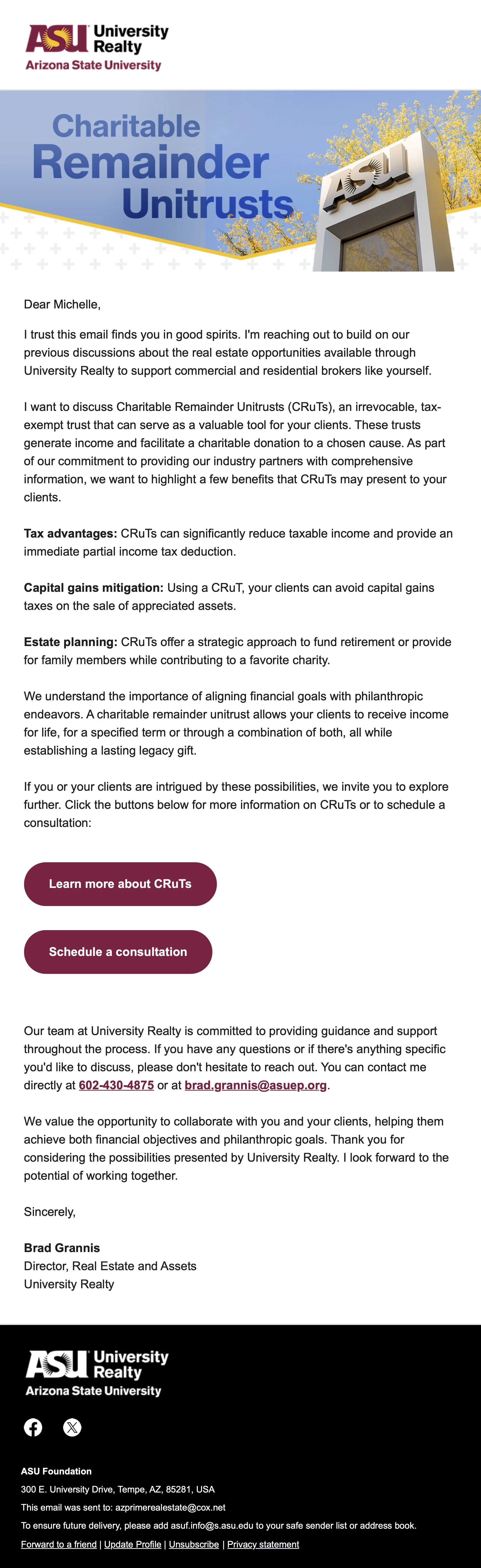 Email from Arizona State University University Realty discussing Charitable Remainder Unitrusts, explaining their benefits for clients, and promoting consultation options with contact details.