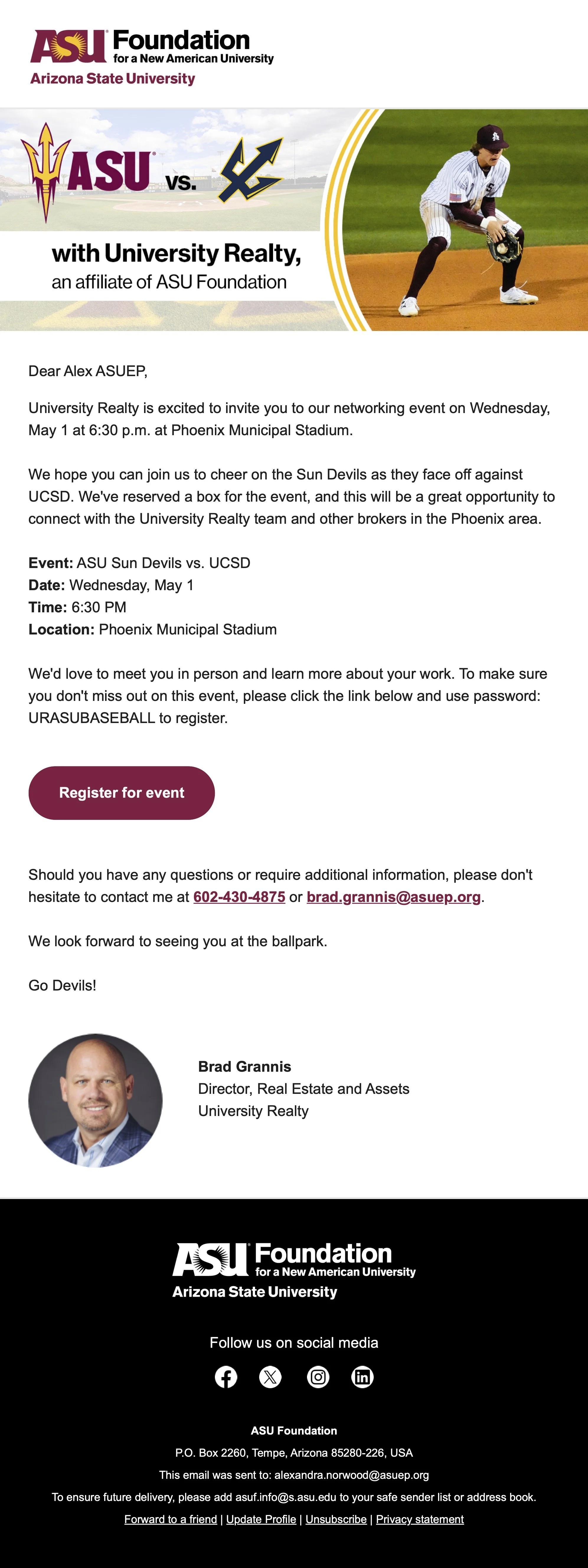 An event invitation for a baseball game between ASU and UCSD, hosted by University Realty, with a photo of a baseball player in uniform fielding the ball at a baseball stadium.