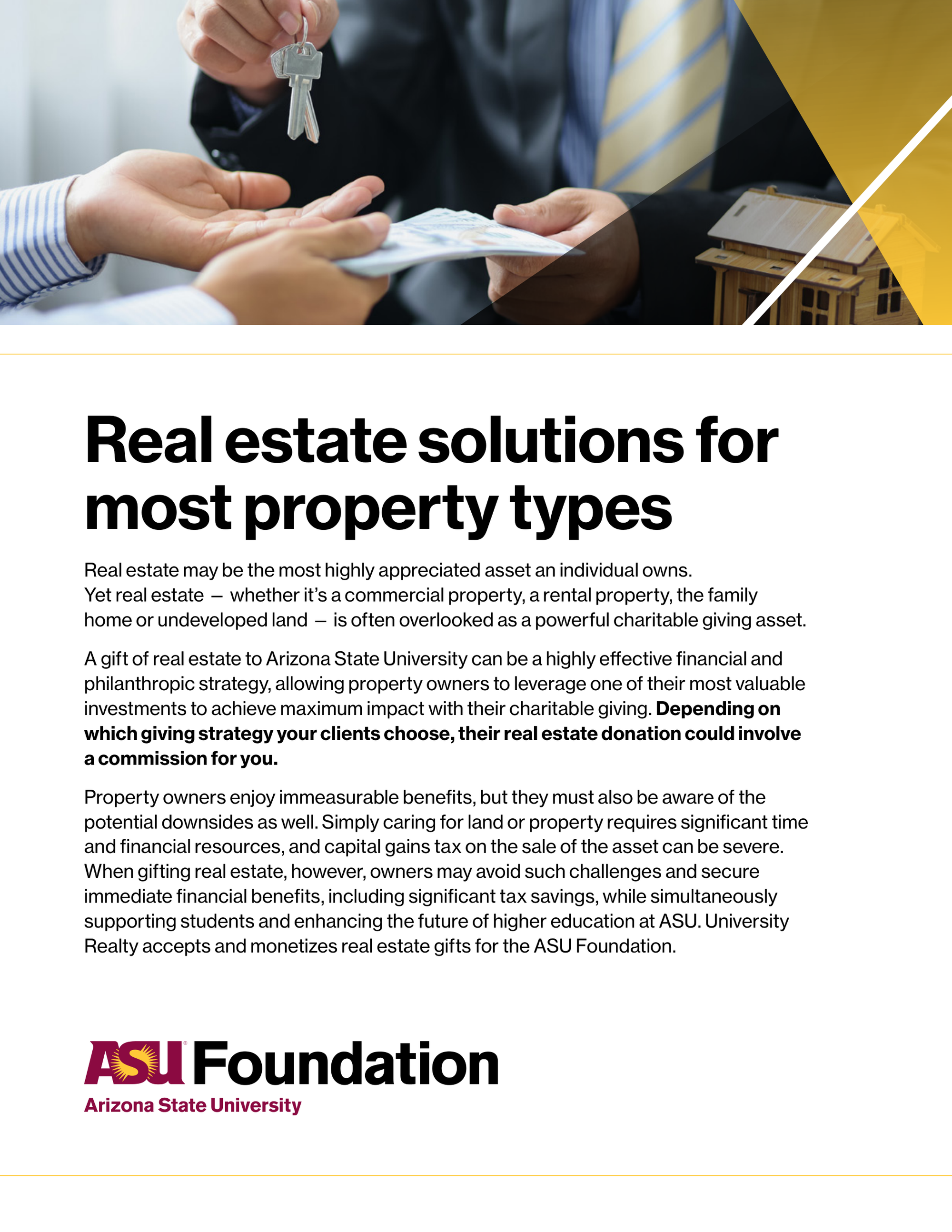 A person holds out a key to another person who is handing over an envelope, with a small model house on the table and a logo of Arizona State University Foundation at the bottom.