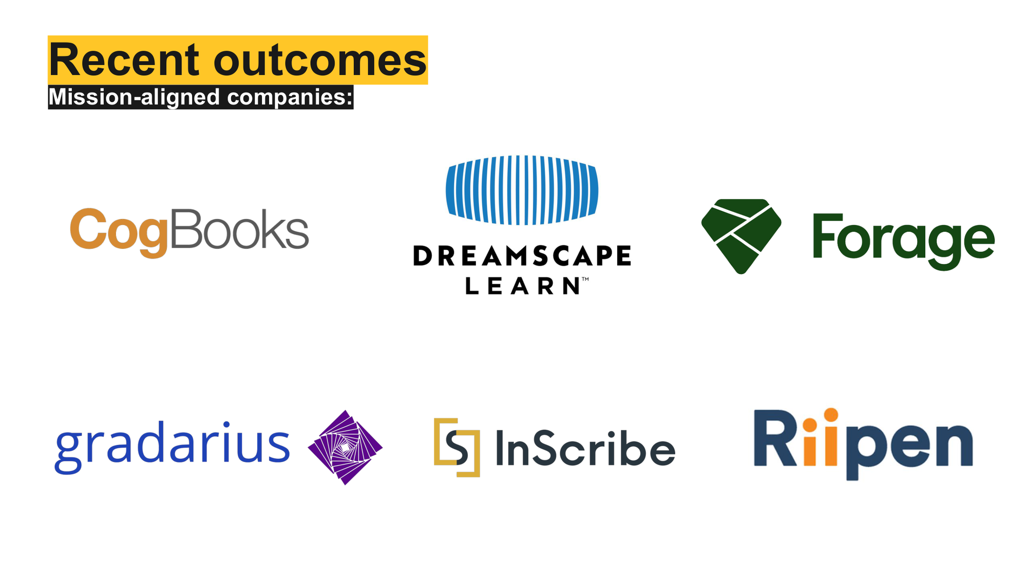 Logos of companies labeled as recently established mission-aligned companies, including CogBooks, Dreamscape Learn, Forage, Gradarius, InScribe, Rippen, and others.