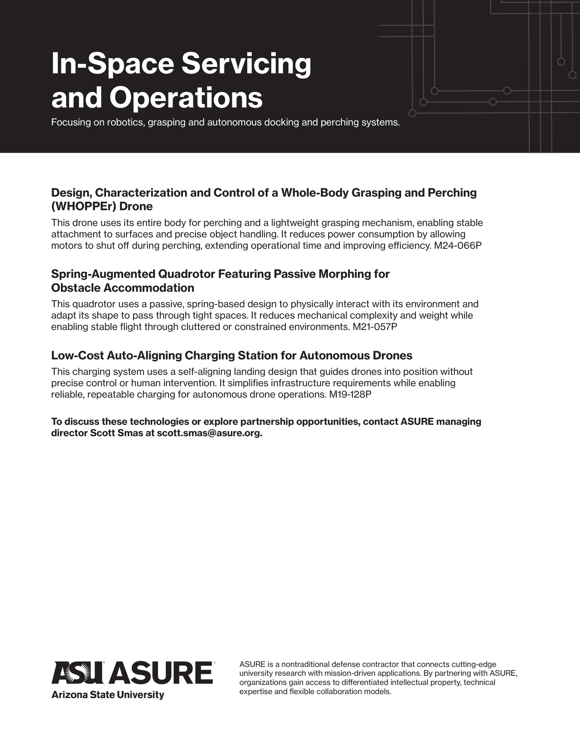 Document page with the title 'In-Space Servicing and Operations' focusing on robotics and autonomous docking systems. Contains sections on drone design, a passive quadrator for obstacle accommodation, and a low-cost auto-aligning charging station for autonomous drones. Includes the ASURE logo and Arizona State University branding.