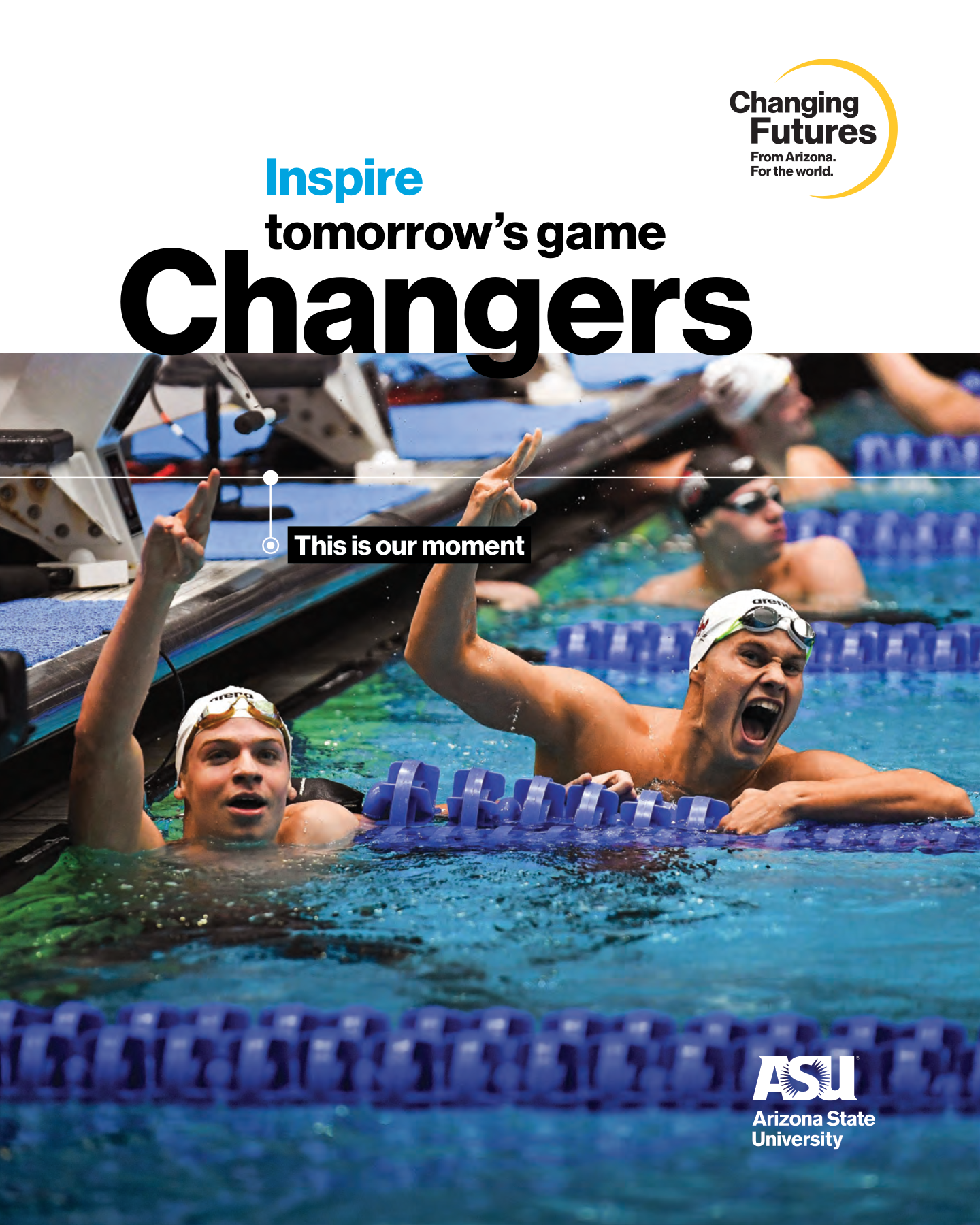 Swimmers celebrating at the finish of a race, with one person giving a thumbs-up and another shouting in excitement, at an ASU Arizona State University swimming event.