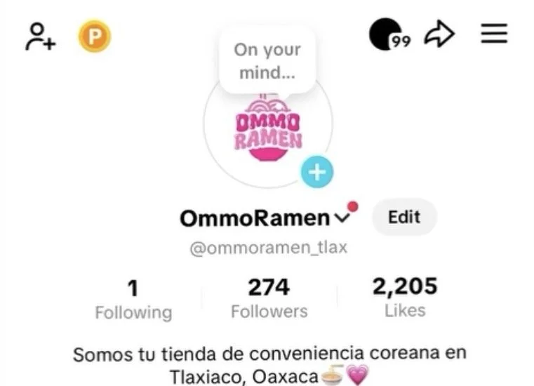 Perfil de TikTok de OmmoRamen, tienda de conveniencia coreana en Tlaxiaco, Oaxaca, con seguidores y me gusta.