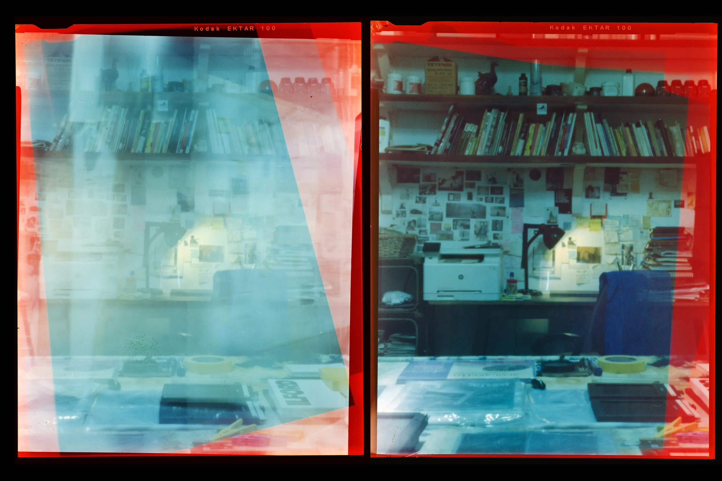 Two photographs side by side showing similar views of a room with shelves filled with books and various objects, with overlays of red and blue light. The image on the right is a control image, and the other appears to be double-exposed.