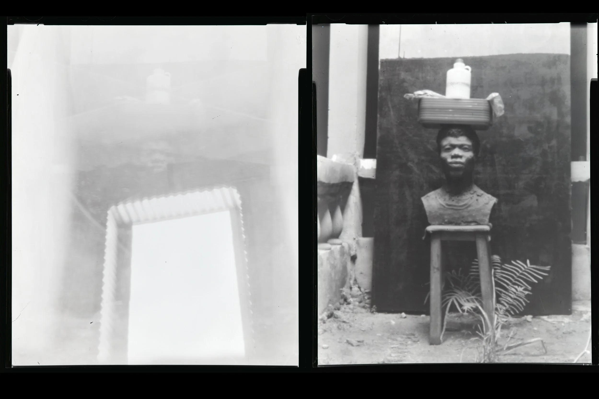 Two similar black-and-white photographs side by side; the right side shows a bust on a stool, balancing a stack of trays with a bottle on top, in an outdoor setting. The left side is fainter, with a reflection of an open sky and surroundings.