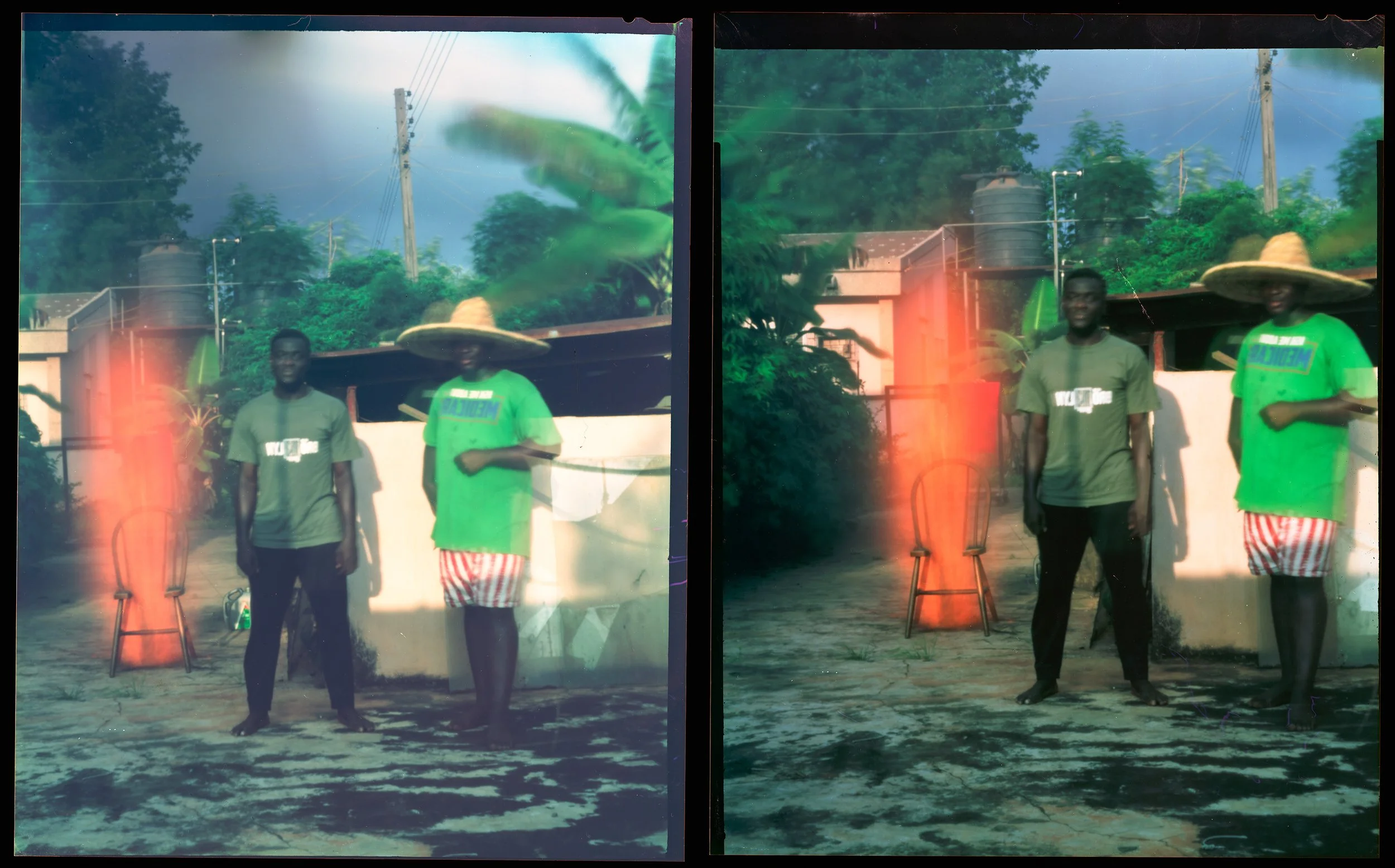 2 identical photographs side by side, showing 2 men standing outdoors next to a blurry flame, one wearing a wide-brimmed hat, a green t-shirt and striped shorts, with trees and power lines in the background. The image on the right has richer colours.
