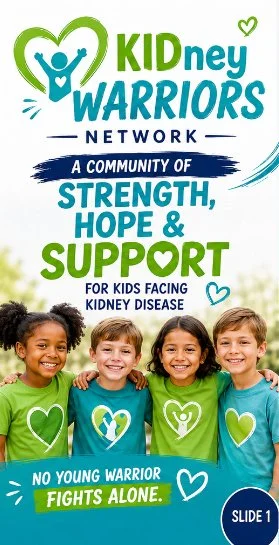 Kids wearing green shirts with Kidney Warriors logo, smiling, promoting support and strength for children facing kidney disease.