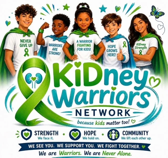 Group of five children wearing matching t-shirts with slogans supporting kidney health and strength, surrounded by colorful illustrations and a large green ribbon symbolizing kidney awareness, promoting messages of hope, strength, community, and fighting for kids with kidney issues.