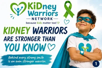 Kids in superhero costumes with a green awareness ribbon, supporting Kidney Warriors Network and emphasizing kidney health and strength.