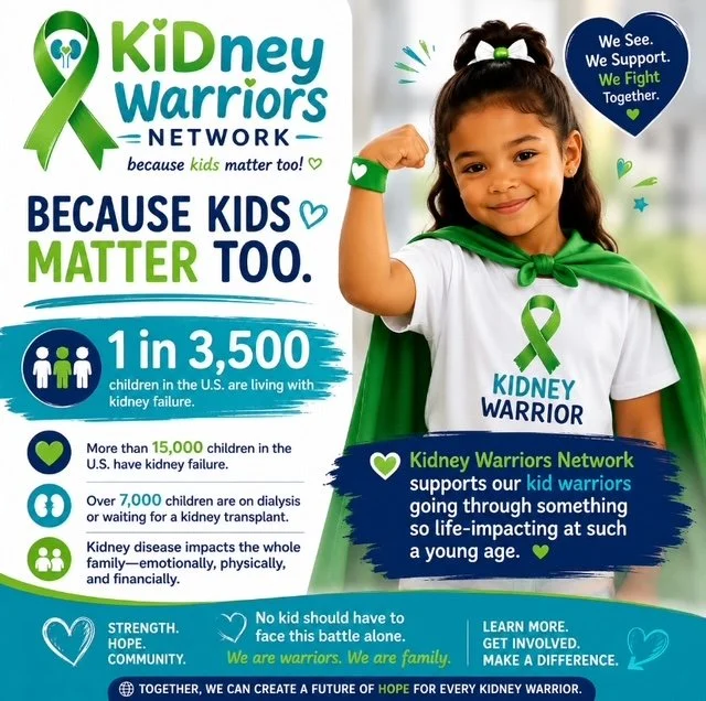 A young girl wearing a white t-shirt with a green kidney ribbon and the words 'Kidney Warrior' on it, a green cape, and a green wristband, smiling and making a fist in a pose of strength. The background has informational text about kidney disease and support for children with kidney failure, along with the logo for Kidney Warriors Network and a heart symbol.