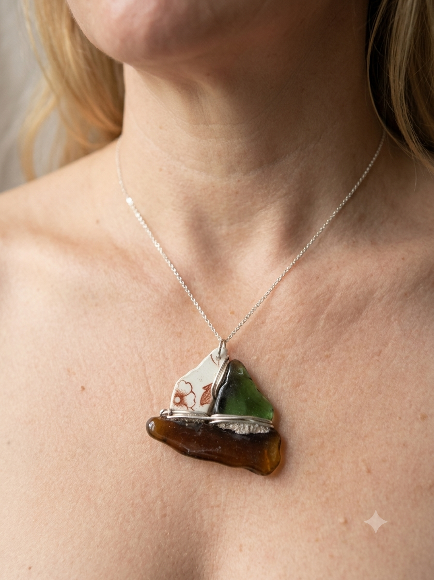 The Secret Coast Sailboat – Silver Wire-Wrapped Sea Glass & Pottery