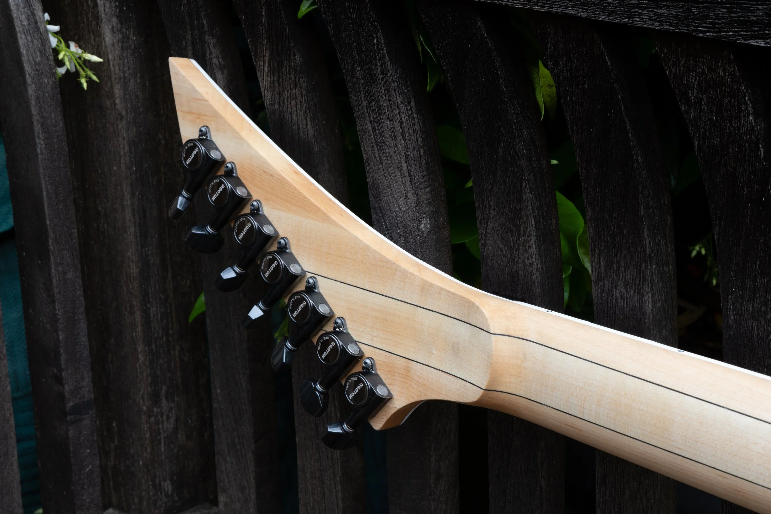 Close-up of a guitar headstock showing tuning pegs, laid on a dark wooden surface with some greenery.