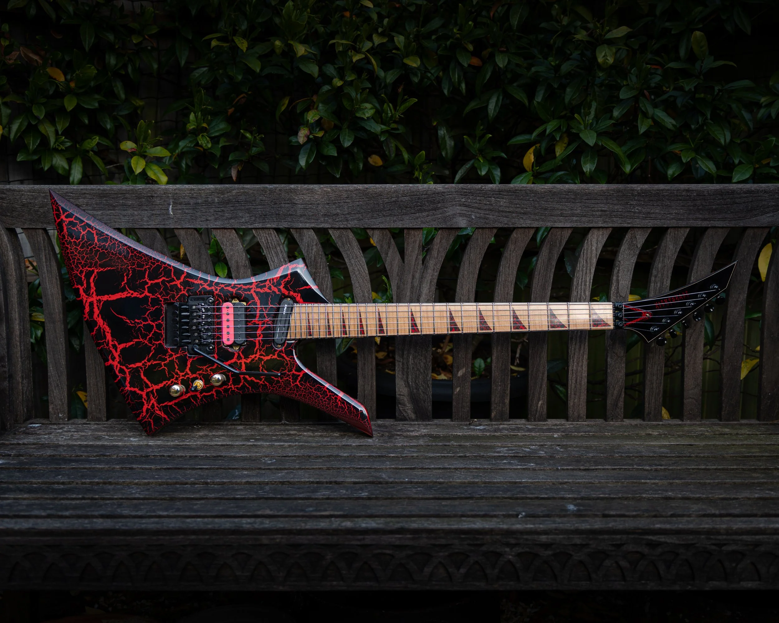 A wooden park bench with a red and black electric guitar resting on it, set against a background of green leafy bushes.
